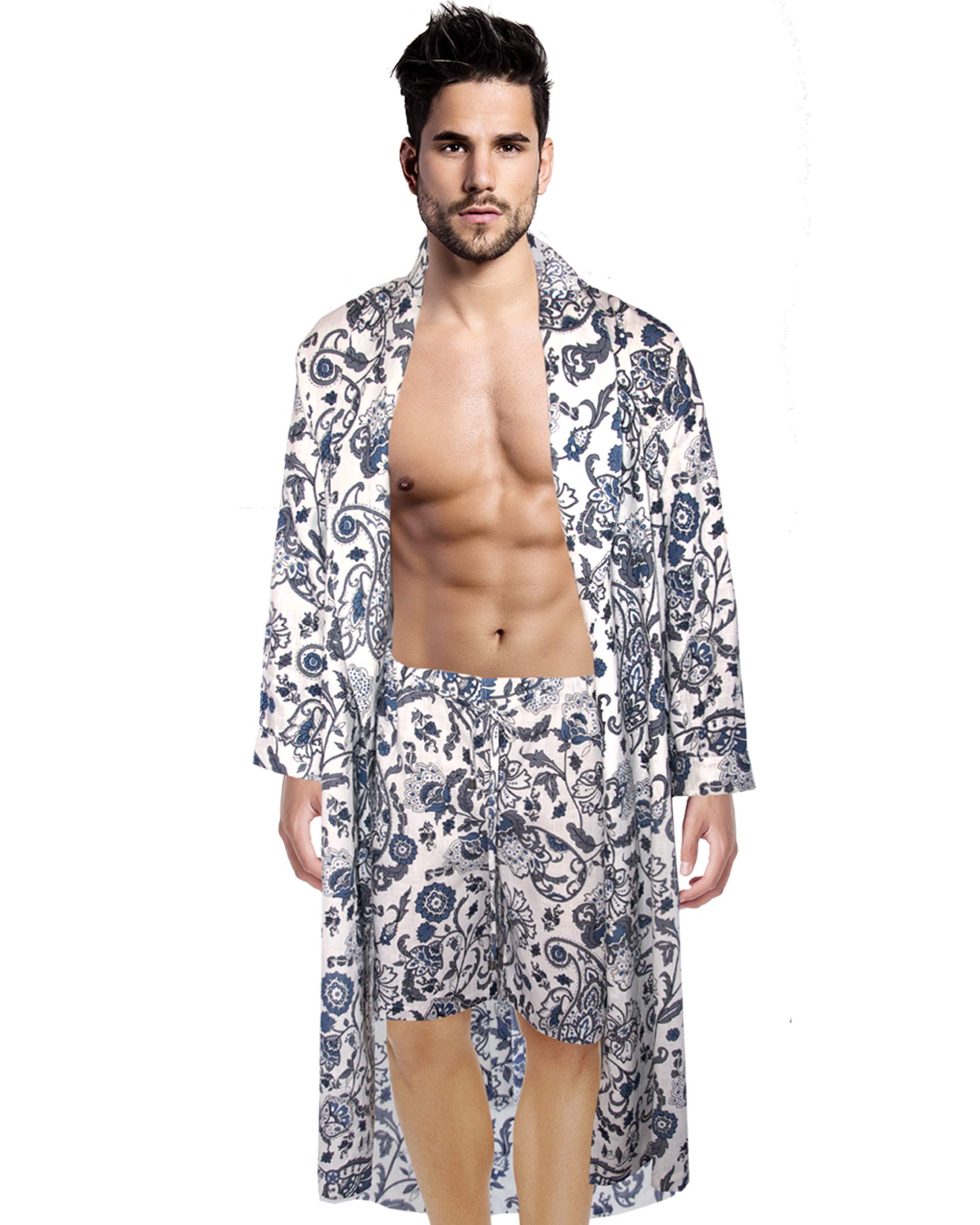 Men’s Loungewear Set - Soft Linen Printed Robe & Shorts Pajama Set - European Crafted Sleepwear for Night Relaxation & Home Comfort