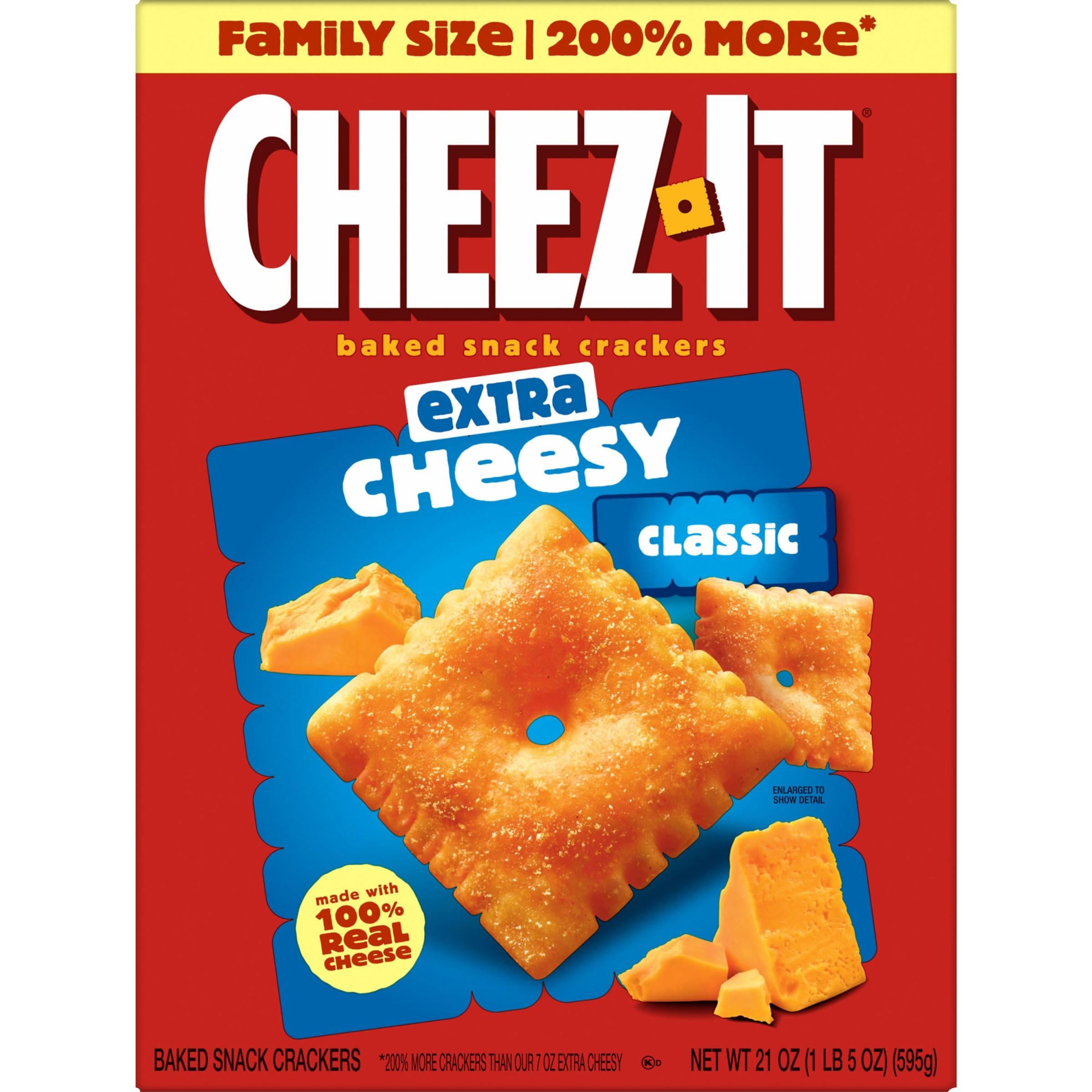 Cheez-It Extra Cheesy Baked Snack Crackers - Family Size 21oz Box (Pack of 1) | Perfect for School Lunches, Office Snacks & Party Platters