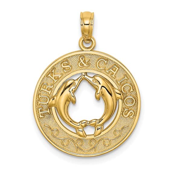 14K Yellow Gold Travel Charm Pendant with Turks & Caicos Dolphins on Round Frame - Perfect for Beach Vacations, Island Getaways & Jewelry Gifts
