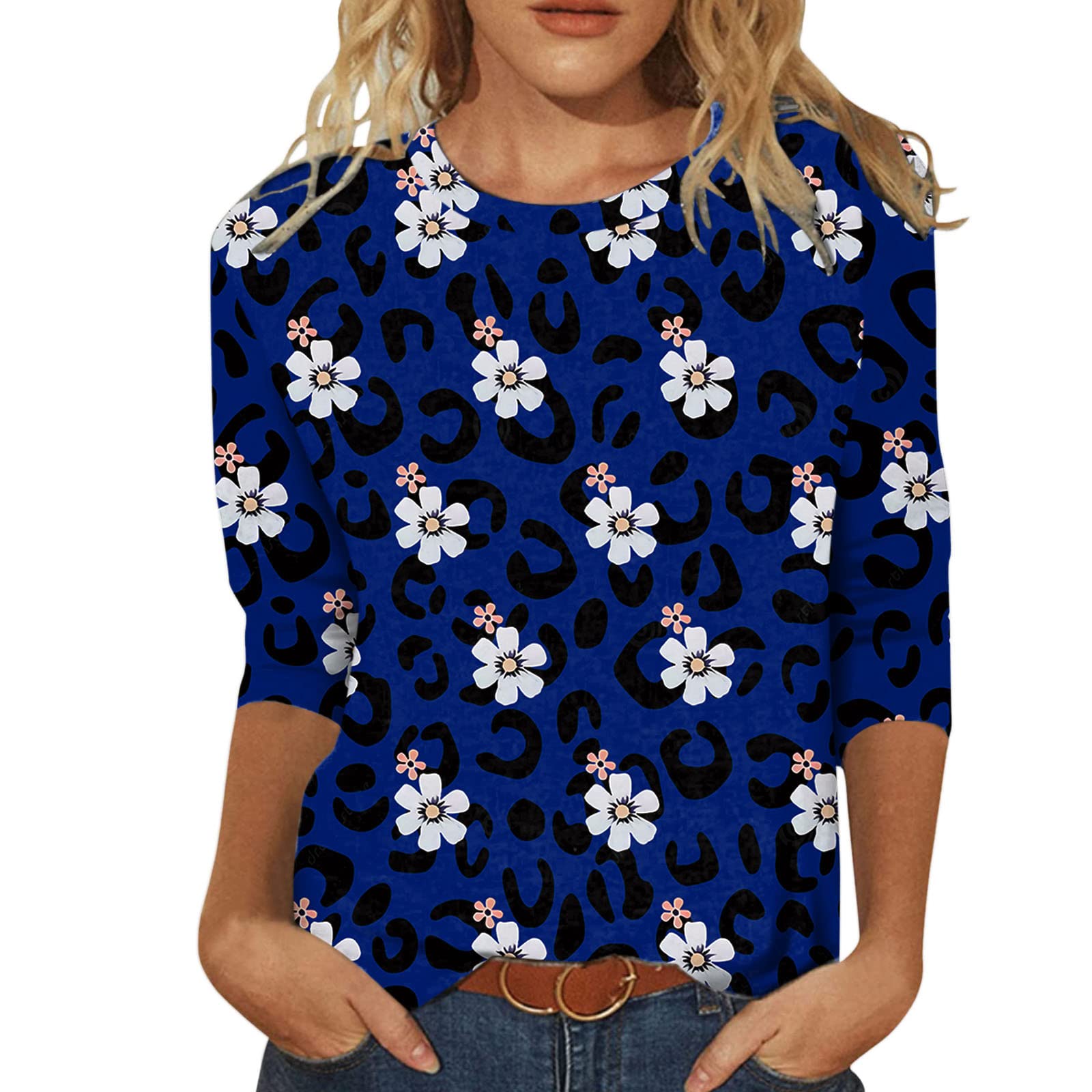 Women's Loose Fit Workout Shirts - 3/4 Sleeve Trendy Blouses, Soft Navy Blue Cotton Tops for Summer | Gym, Yoga, Running & Casual Wear