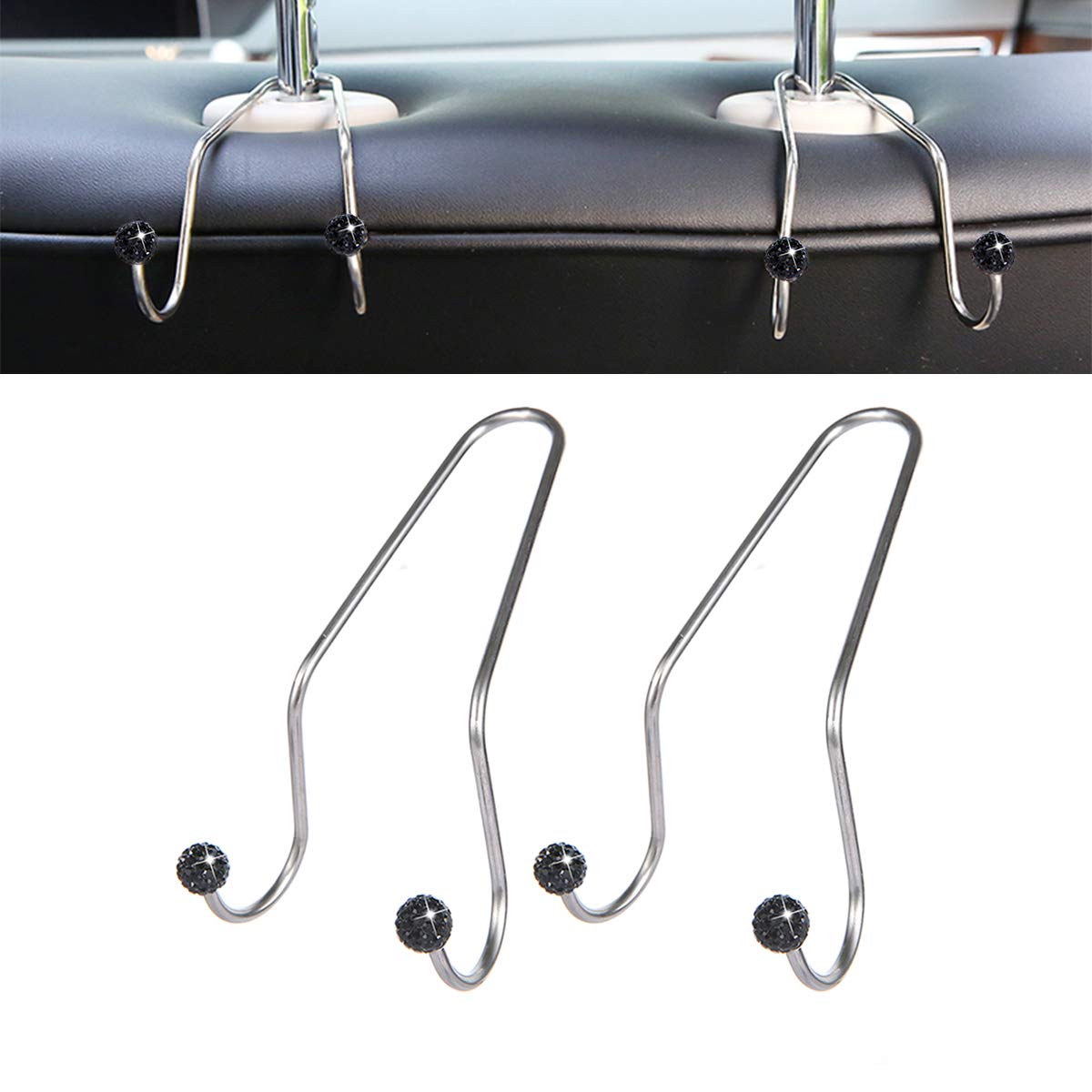 Bling Car Seat Hooks - Rhinestone Universal Headrest Hangers for Purses, Bags & Organizers | Durable Auto Backseat Storage Hooks (Black) | Perfect for Road Trips, Shopping & Daily Commute