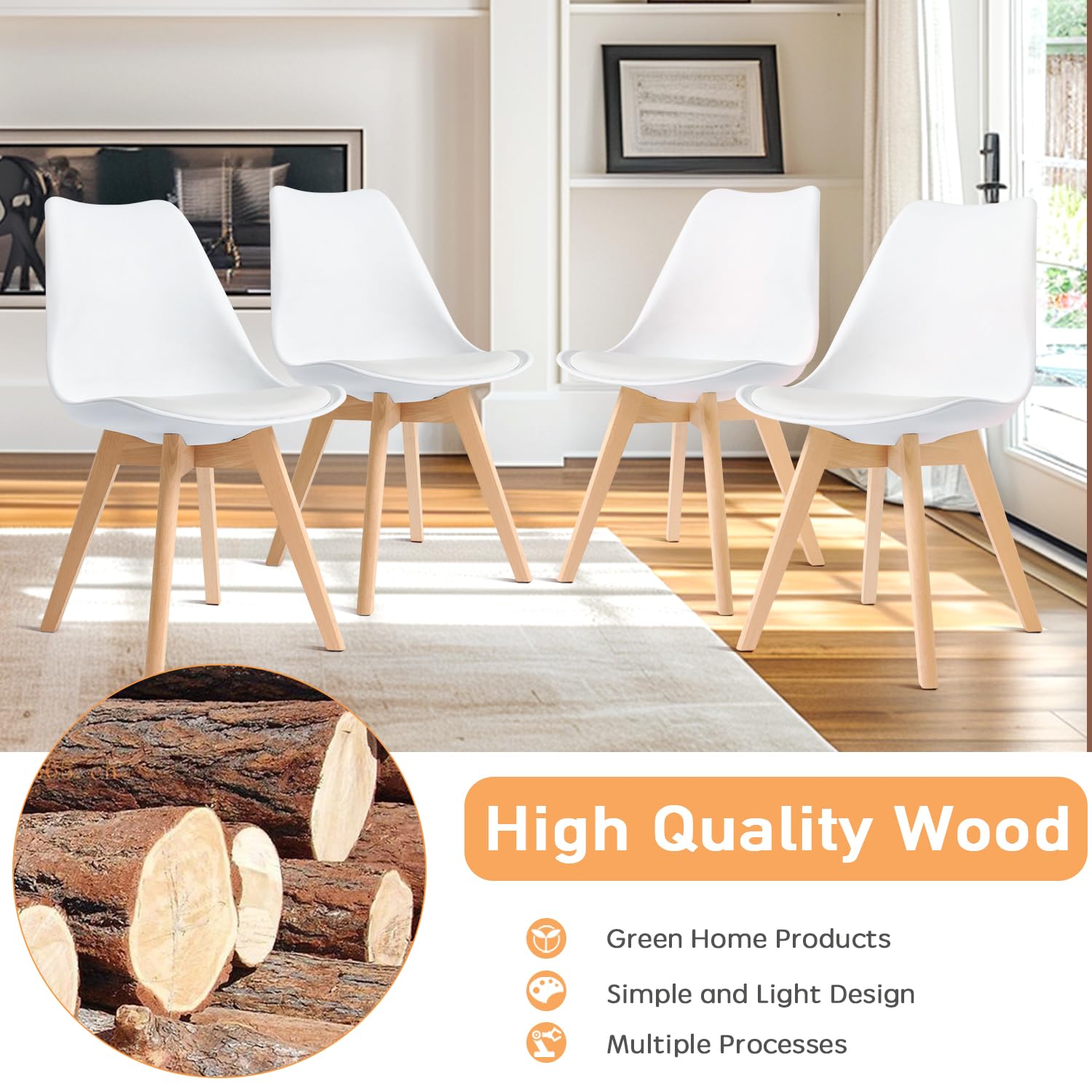Mid Century Modern Dining Chairs Set of 4 - Soft Padded Kitchen & Dining Room Chairs with Wooden Legs - White Upholstered Chairs for Home, Office, Restaurant & Cafe Decor