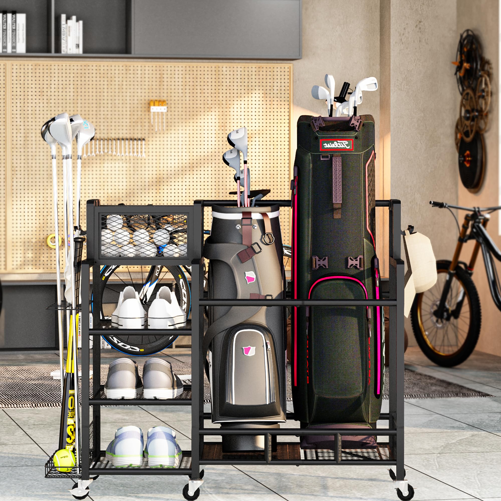 DKLGG Golf Club Storage Rack - Heavy Duty Metal Golf Organizer with Wheels for Garage, Shed & Basement (Black) | Perfect Golf Accessories Storage Solution for Home & Outdoor Use