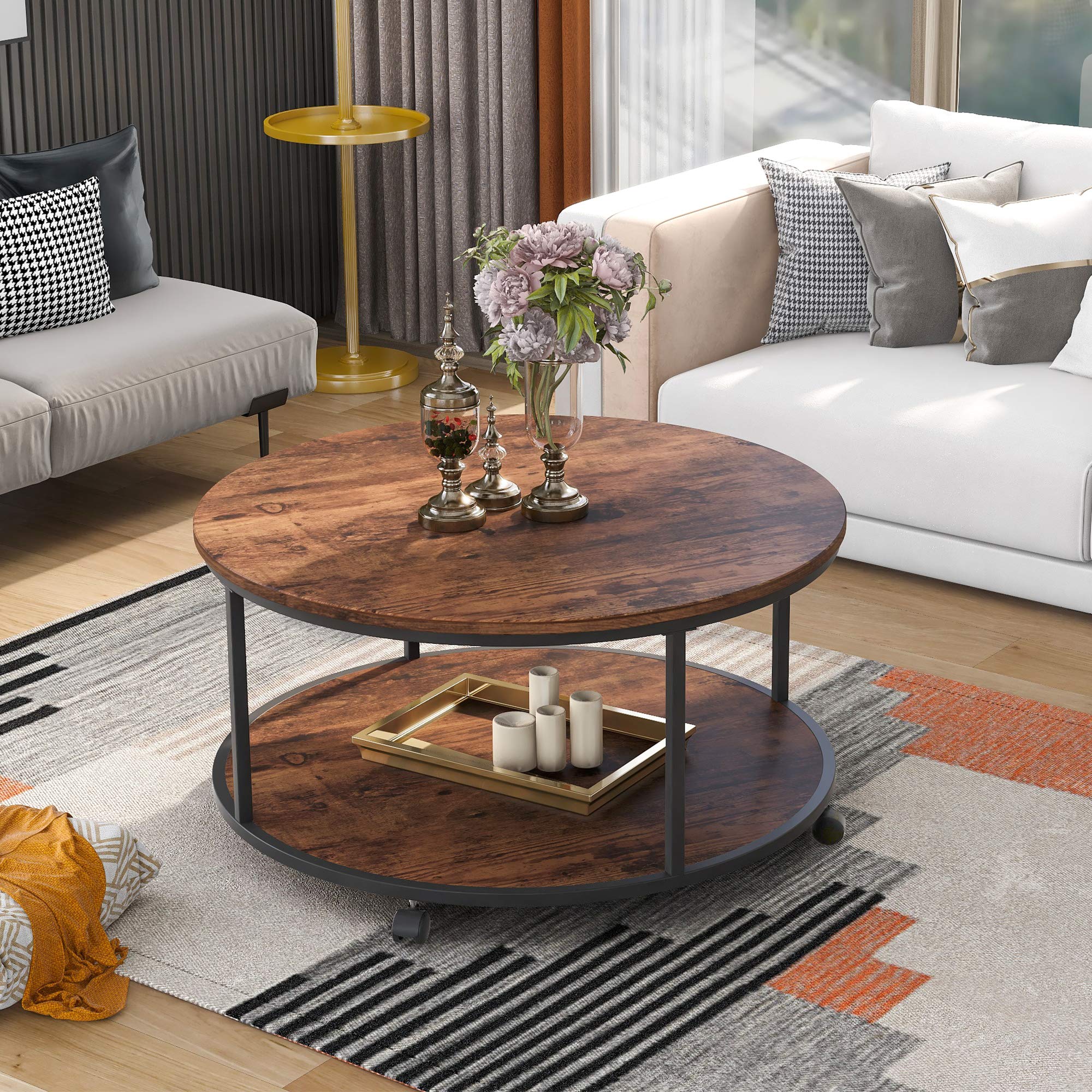 Round Coffee Table with Caster Wheels - 35.5