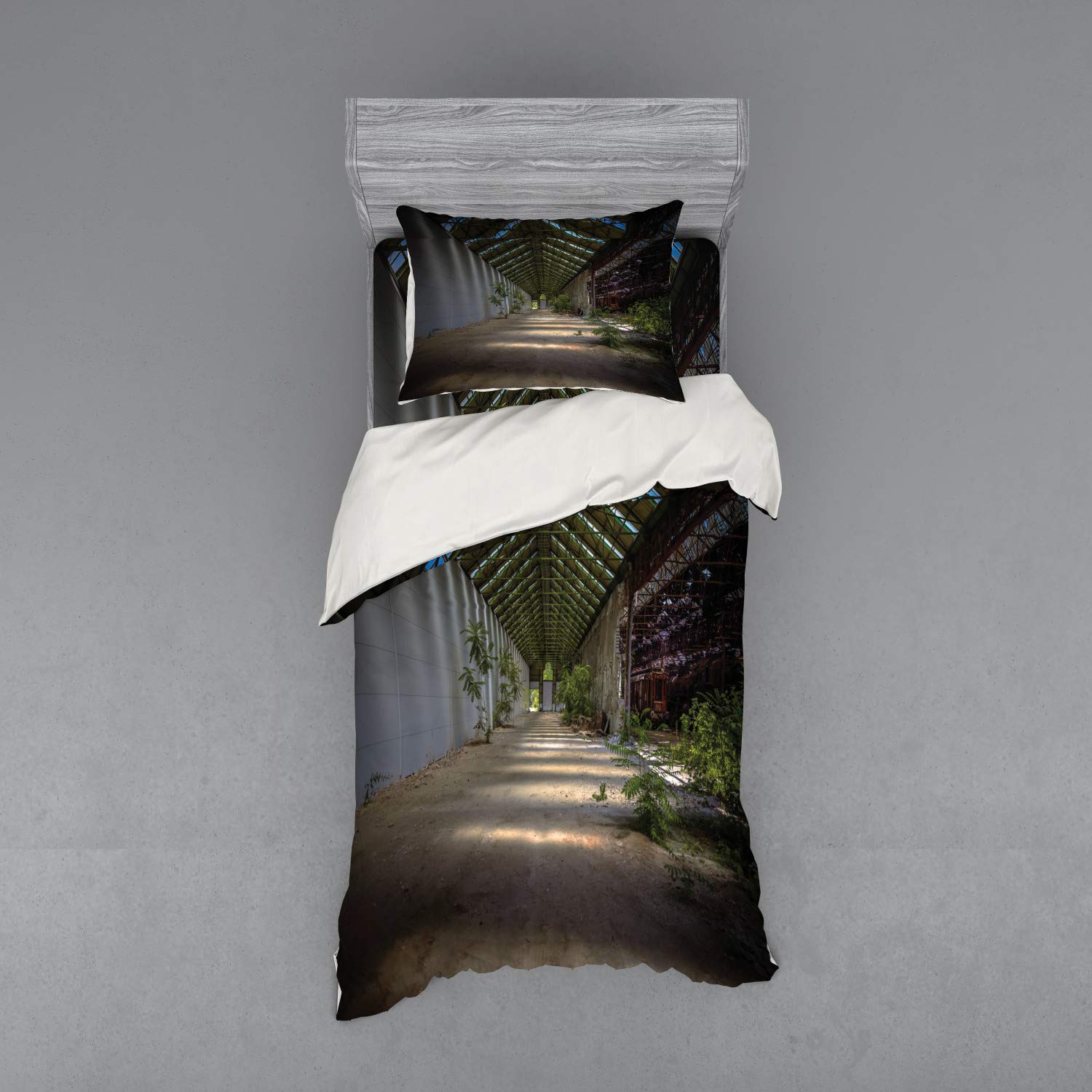 Ambesonne Rustic Duvet Cover Set - Industrial Greenhouse & Urban Nature Print, 3-Piece Twin XL Bedding Set with Sham & Fitted Sheet, Grey Green | Perfect for Farmhouse, Industrial & Urban Decor Bedrooms