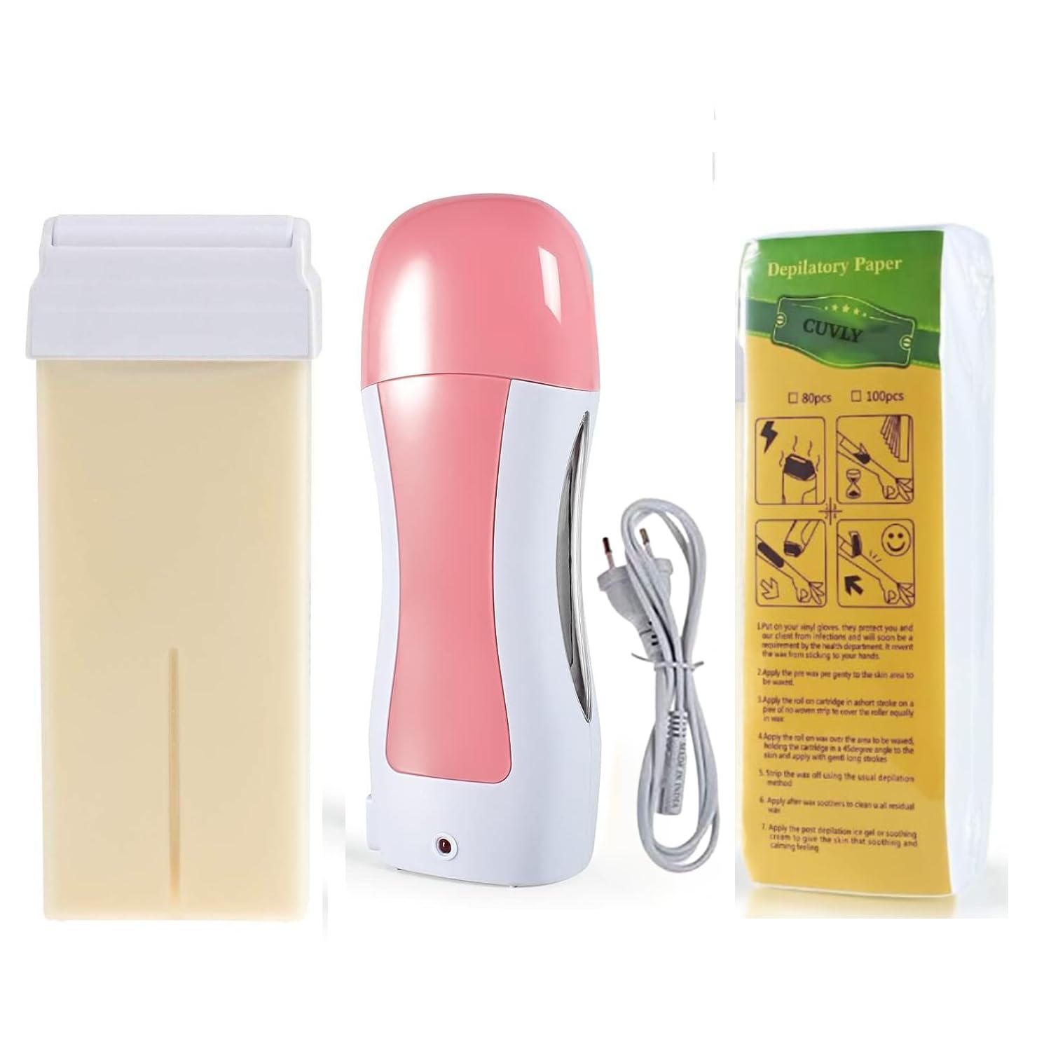 CUVLY Roll-On Wax Kit with Wax Heater Machine & Refill Cartridges | Professional Hair Removal Waxing Kit for Women & Men | Includes Wax Strips & Wipes | At-Home Salon Waxing for Legs, Bikini, Face & Body