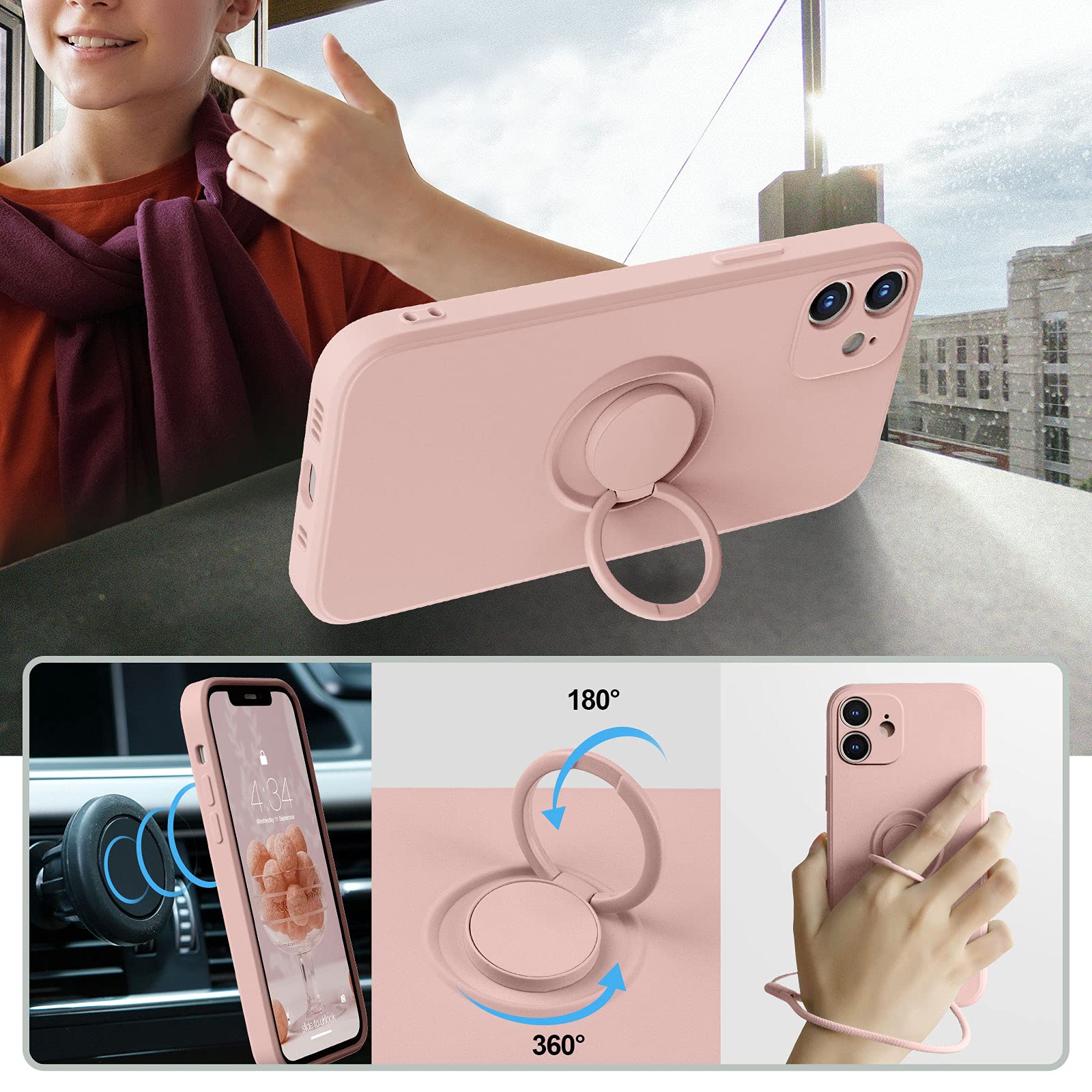 ABITKU iPhone 12 Case [6.1 inch 2020] - Premium Silicone Protective Cover with 360° Rotating Ring Kickstand & Magnetic Car Mount, Soft Microfiber Lining (Pink) | Perfect for Work, Travel & Everyday Use