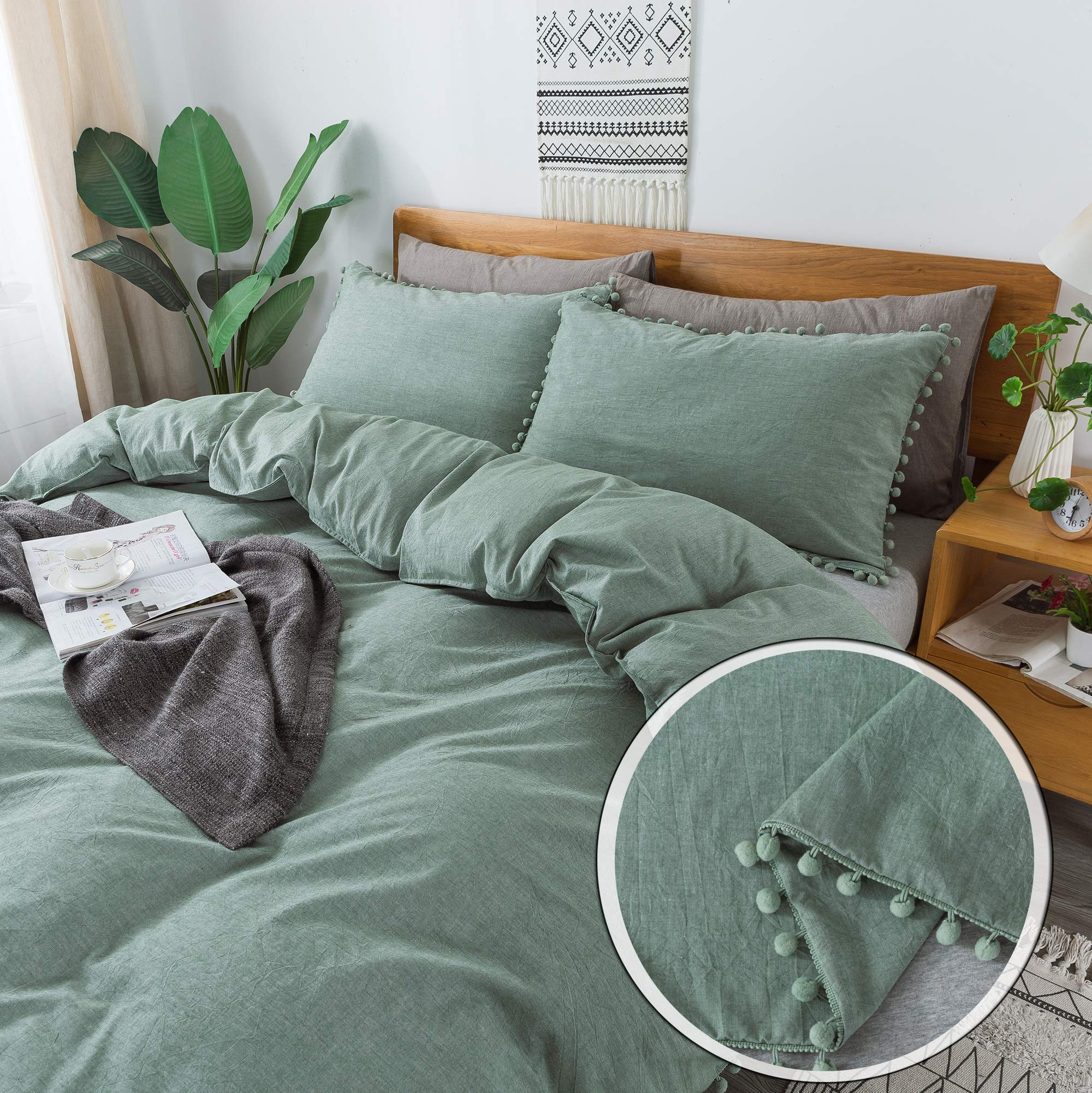 Bohemian Duvet Cover Queen Size - 3 Piece Vintage Green Pom-Pom Fringe Bedding Set, 100% Washed Cotton Boho Quilt Cover for Girls & Teens | Perfect for Bohemian Bedroom Decor, Teen Room Makeover & Cozy Boho-Chic Style