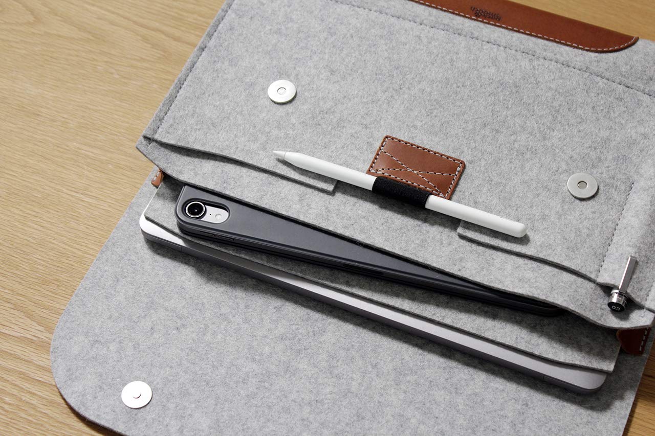 Premium Corriedale Laptop Sleeve - 100% Merino Wool Felt & Eco-Friendly Vegetable-Tanned Leather - Gray/Light Brown - Fits 16