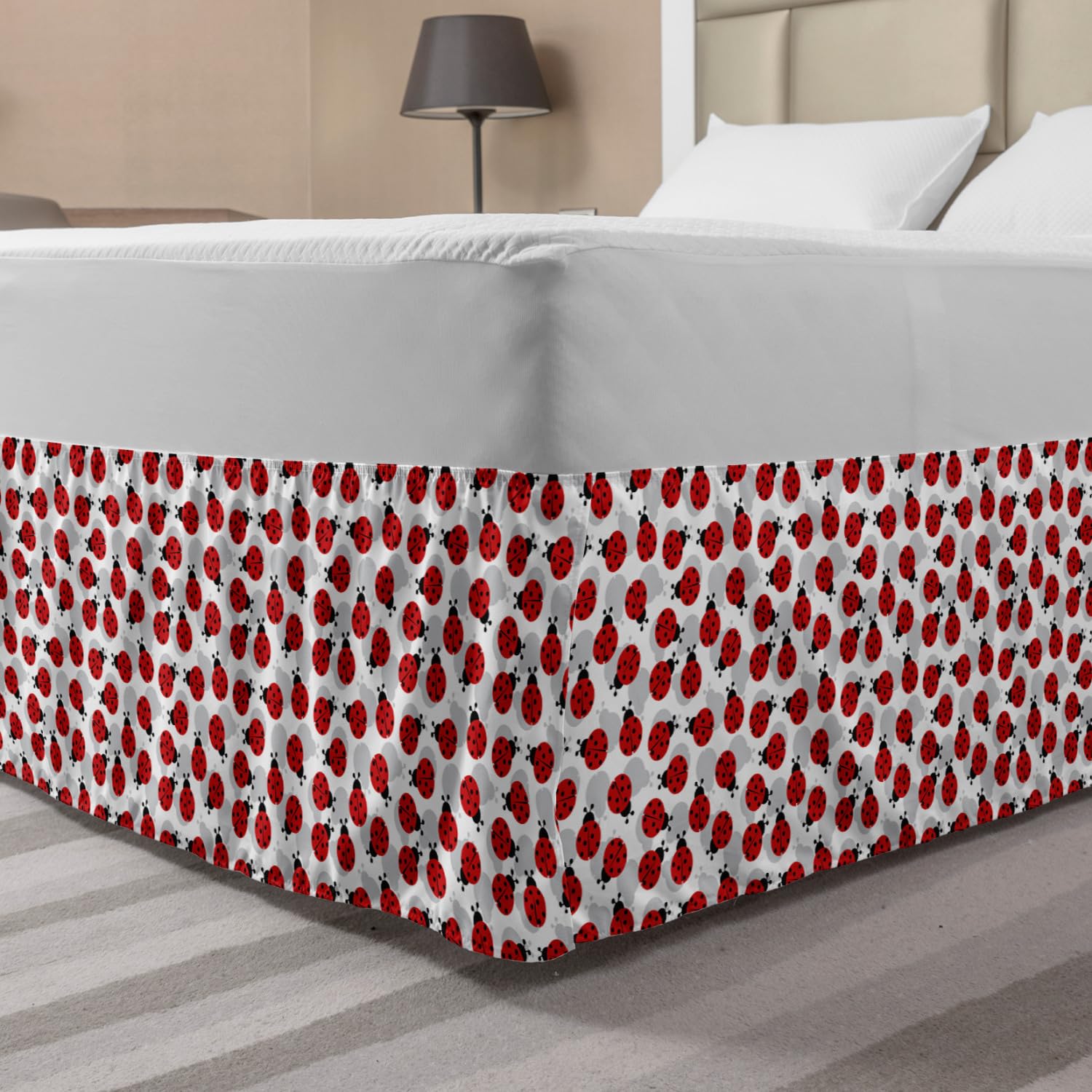 Ambesonne Ladybug Bed Skirt - Spring Polka Dot Insect & Silhouette Design, Wrap Around Elastic Gathered Bedroom Decor for Queen Size Beds (Vermilion/Pale Grey) | Perfect for Spring Bedroom Refresh & Themed Nursery Decor