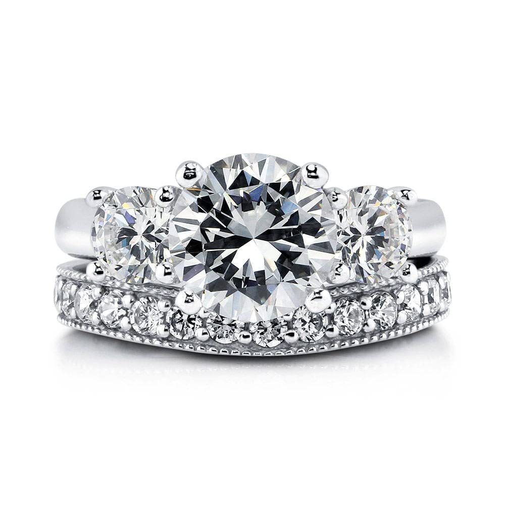 BERRICLE Sterling Silver 3-Stone Wedding & Engagement Ring Set - 2.4 Carat Round Cut Cubic Zirconia CZ Rings for Women, Rhodium Plated, Size 4-10 - Perfect for Proposals, Anniversaries & Special Occasions
