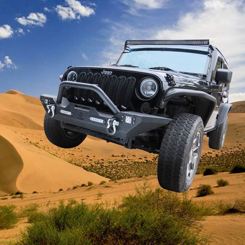 TlOYAR Black Textured Front Bumper with Winch Plate, 4 Aluminum Lights & D-Rings | Compatible with 2007-2025 Jeep Wrangler JK/JKU/JL/JLU & 2020-2025 Gladiator JT | Off-Road Adventure & Truck Protection