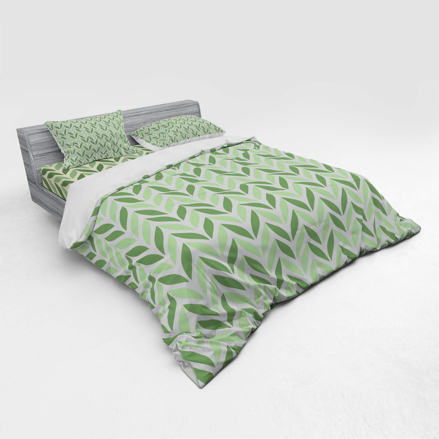 Ambesonne Retro King Size 4-Piece Duvet Cover Set - Vibrant Green Spring Leaves Gardening Theme with Diagonal Symmetric Patterns, Includes Shams & Fitted Sheet - Perfect for Nature Lovers' Bedroom Decor