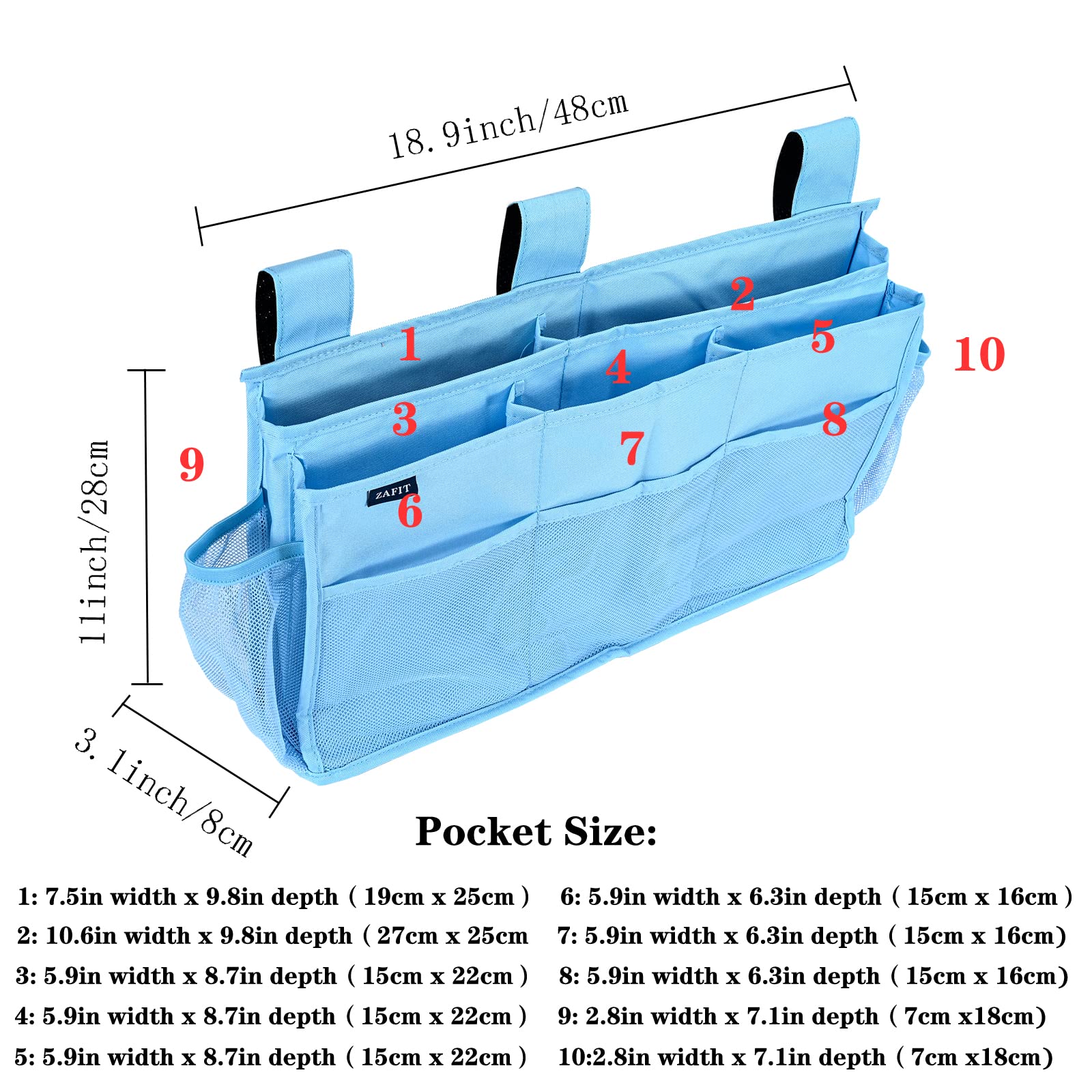 10-Pocket Hanging Bed Organizer - Bedside Caddy for Hospital Beds, College Dorms & Baby Cribs (Blue) | Space-Saving Storage for Phones, Books & Essentials