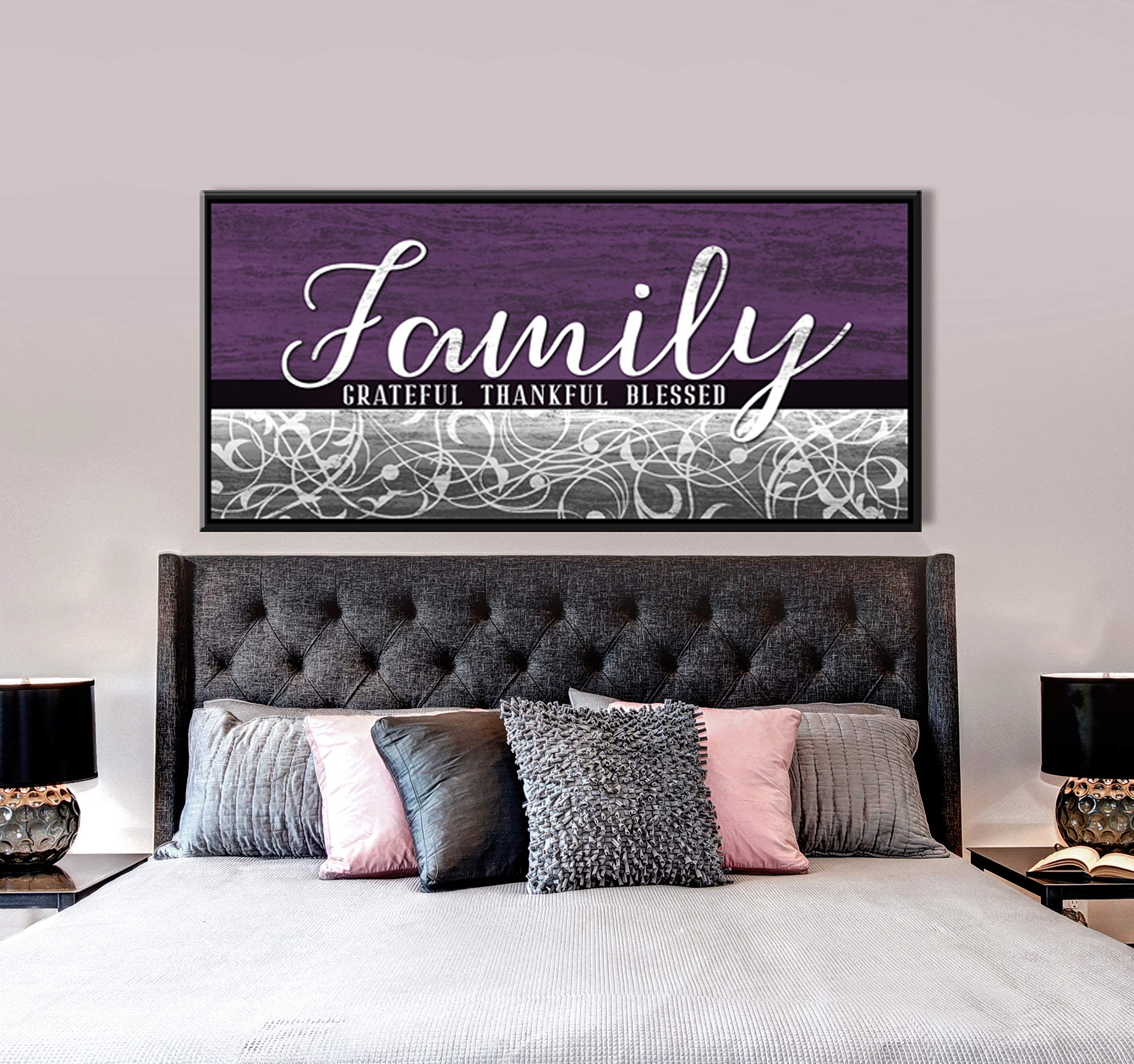 Family Is Everything Framed Wall Art - Large 42x19 Inch Farmhouse Canvas Decor for Living Room, Family Room - Grateful Thankful Purple Design (Black Frame) | Perfect for Home, Office & Gift Giving