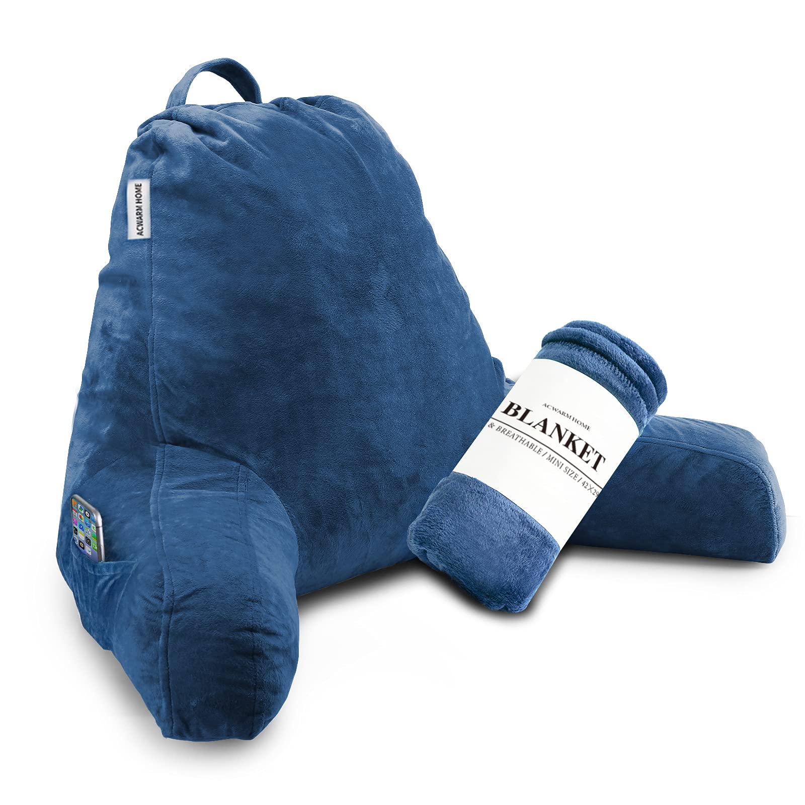 ACWARM HOME Reading Pillow with Blanket - Shredded Memory Foam Bed Rest Pillow with Arm Support, Headrest & Leg Pillow - Ergonomic Back Support for Reading, Relaxing - Perfect for Kids & Adults (Blue) - Ideal for Bedtime Reading, Watching TV, or Lounging in Bed