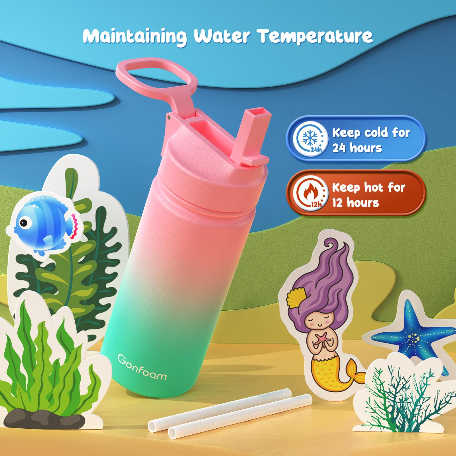 16oz Kids Water Bottle with Stickers for School - Leak Proof & BPA Free, Pink & Green Options, Perfect for Classrooms, Sports & Outdoor Activities