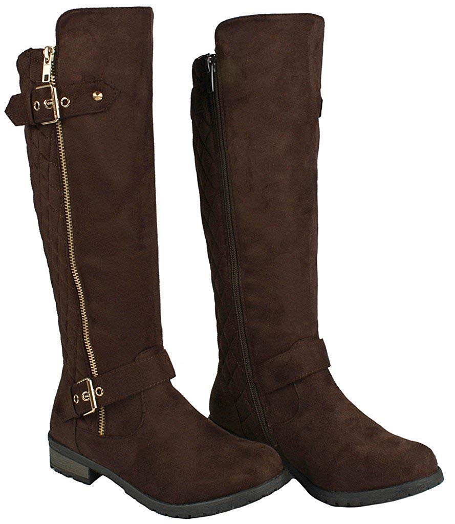Forever Mango Women's Quilted Riding Boots with Zipper Accent - Brown Size 10 | Fashionable Equestrian & Winter Boots for Casual Outings and Outdoor Activities
