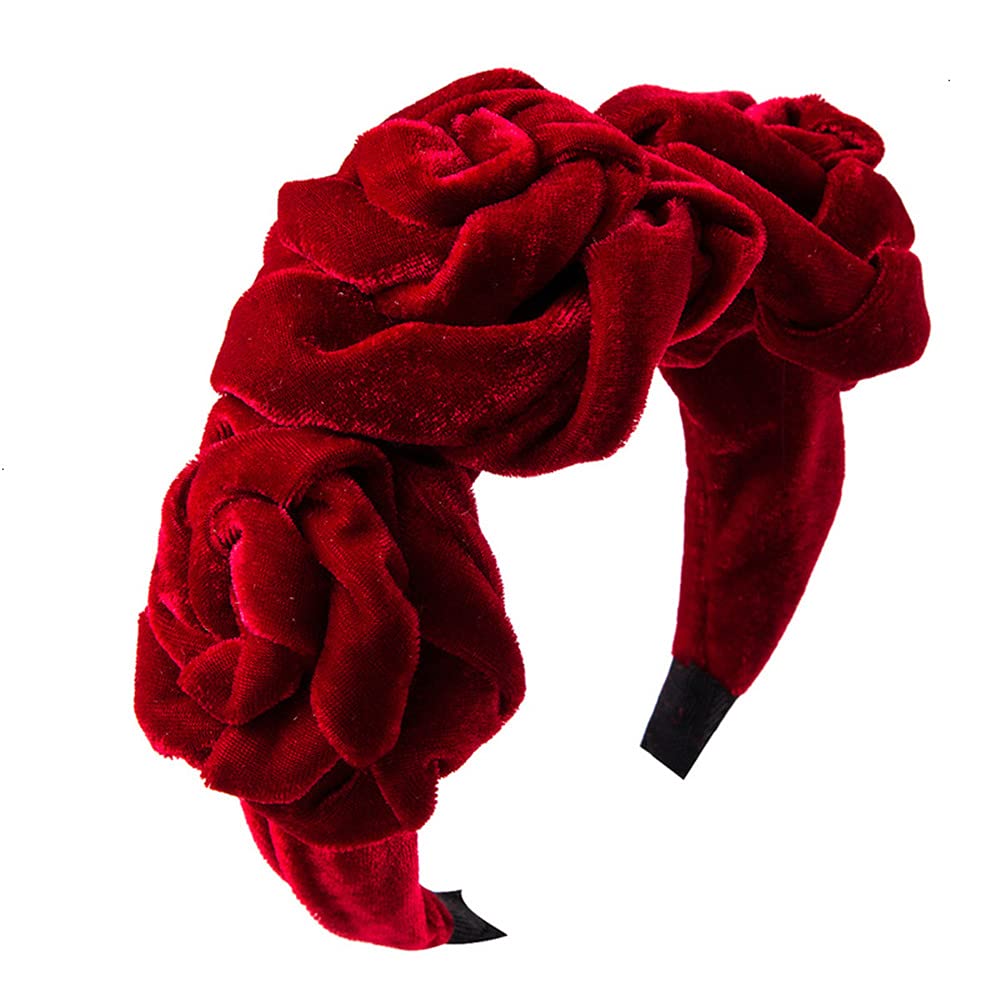 QTMY Velvet Wide Rose Flower Headbands - Vintage Hairband Elastic Hair Hoops - Fashion Hair Accessories for Women & Girls - Perfect for Weddings, Parties, and Everyday Style