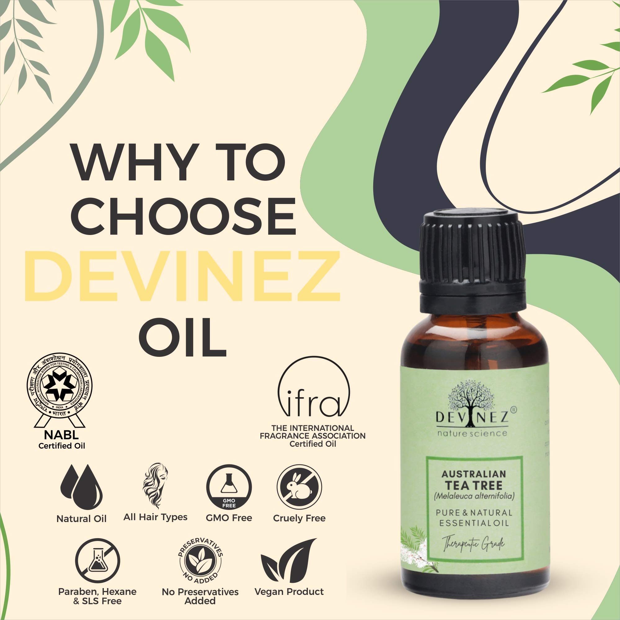 100% Pure Australian Tea Tree Essential Oil - 10ml Undiluted Therapeutic Grade for Hair, Skin & Face Care - NABL & IFRA Certified Natural Oil in Glass Bottle - Helps with Acne, Pimples, Scars & Anti-Dandruff - Perfect for Aromatherapy, DIY Beauty Products & Home Remedies