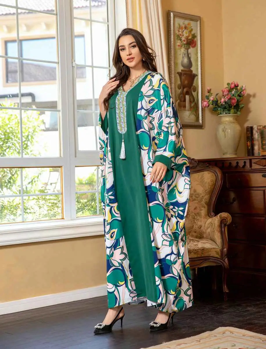 Elegant Eid Dress with Batwing Sleeves & Rhinestone Embellishments - Farasha Caftan Kaftan Jalabiya Dress for Women | Perfect for Eid Celebrations, Weddings & Special Occasions