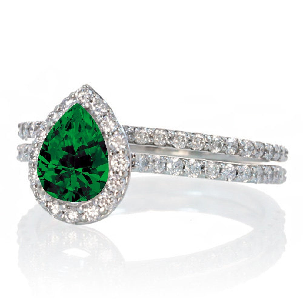 2 Carat Pear Cut Emerald Halo Engagement Ring & Wedding Band Set in 10k White Gold for Women - Perfect for Proposals, Anniversaries & Bridal Jewelry