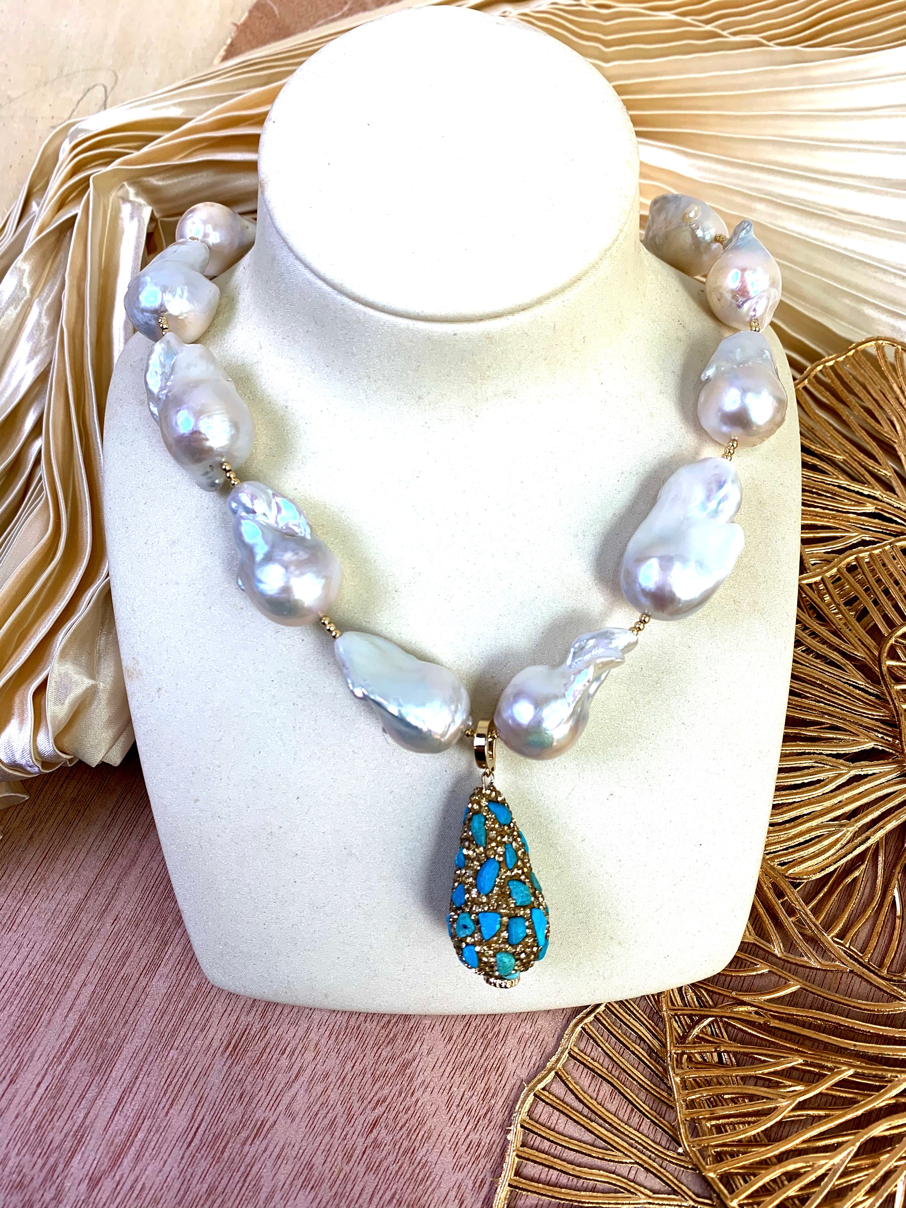 Elegant Baroque Pearls Necklace with Rhinestone & Turquoise Charm - Perfect for Weddings, Parties & Special Occasions