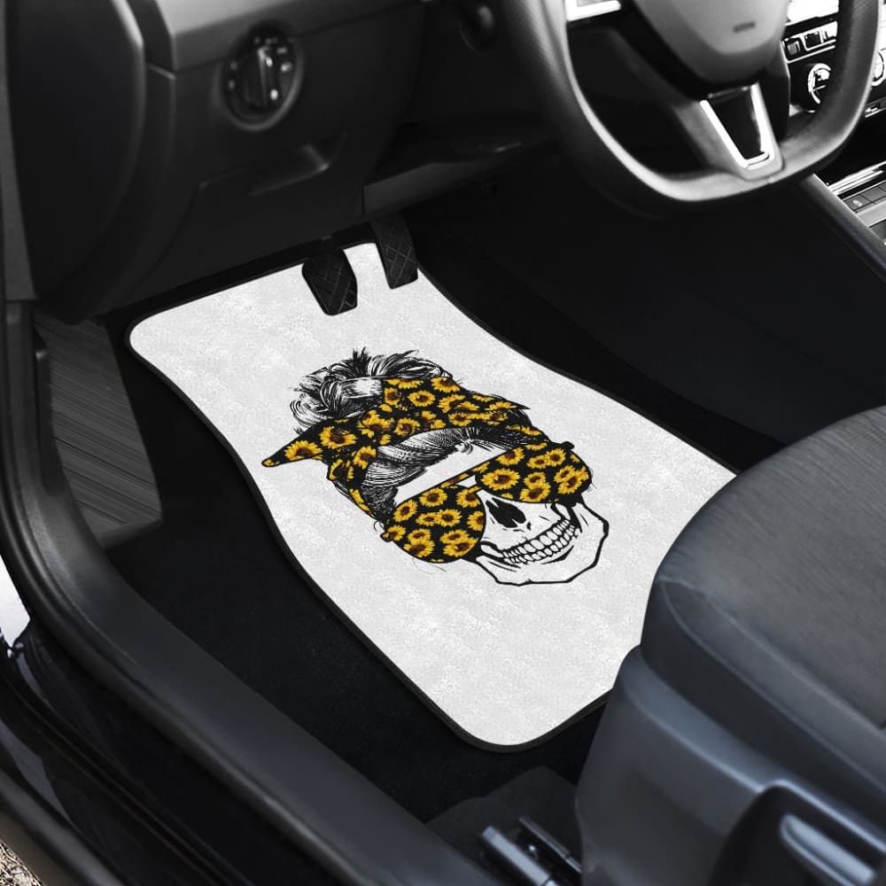 Premium Skull Design Car Floor Mats with Glasses & Bandana - Sunflower Pattern for Cars, Trucks & SUVs - Durable All-Weather Protection for Road Trips & Daily Commutes