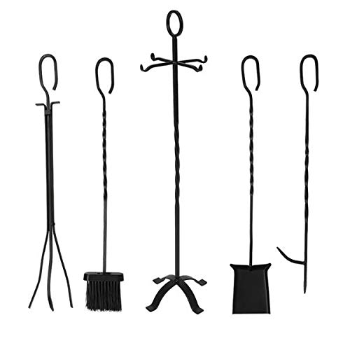 5-in-1 Metal Fireplace Tool Set with Flat Iron Cross Base - Heavy Duty Fireplace Poker, Shovel, Brush, Tongs & Hook for Wood Stove, Fire Pit & Outdoor Camping