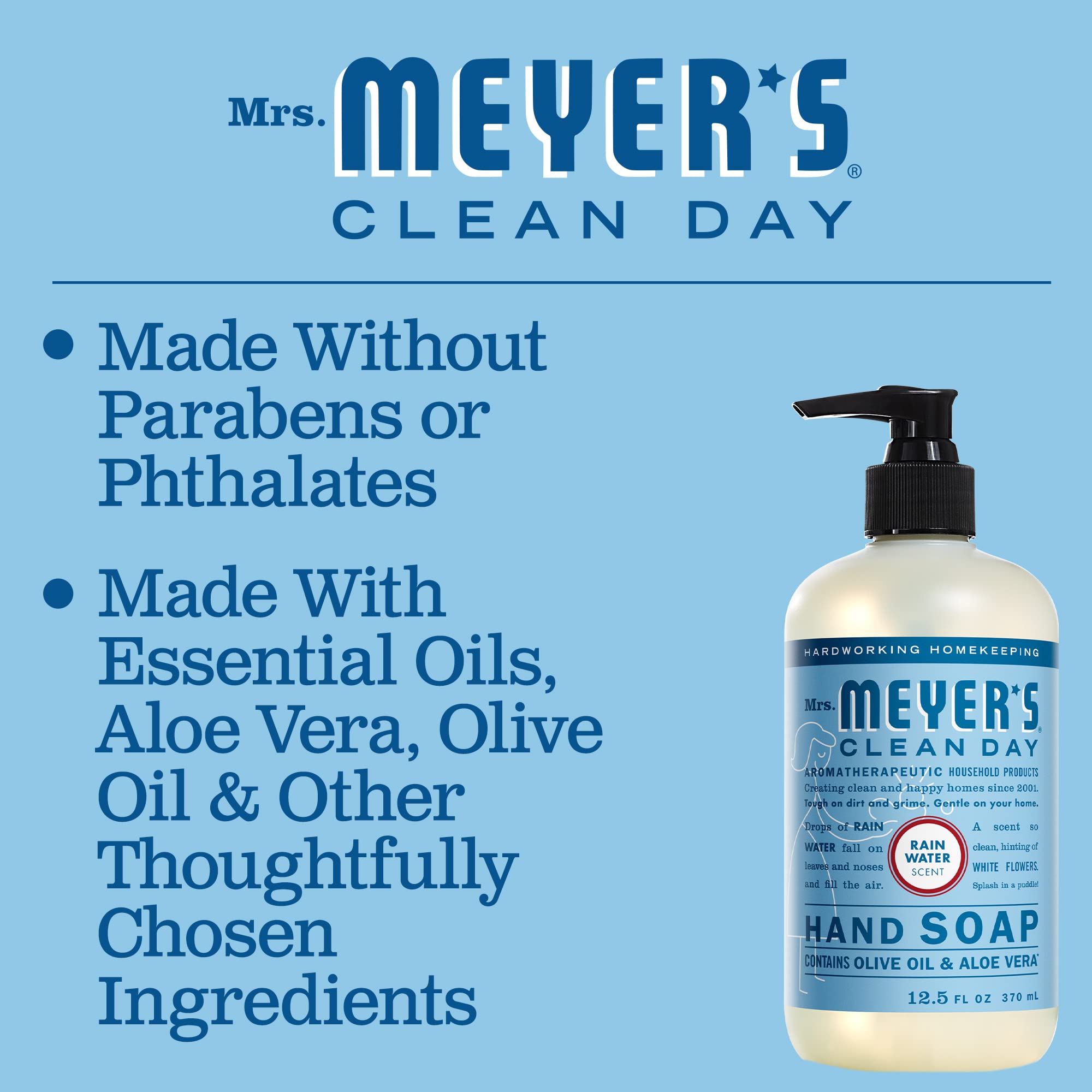 Mrs. Meyer's Clean Day Hand Soap with Essential Oils | Biodegradable, Rain Water Scent | 12.5 fl oz | Gentle for Daily Hand Washing, Kitchen & Bathroom Use