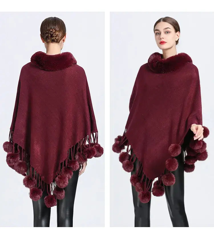 Women's Fashion Asymmetric Poncho Scarf with Soft Fur Ball Trim - Cozy Winter Wrap for Outdoors, Travel & Casual Wear