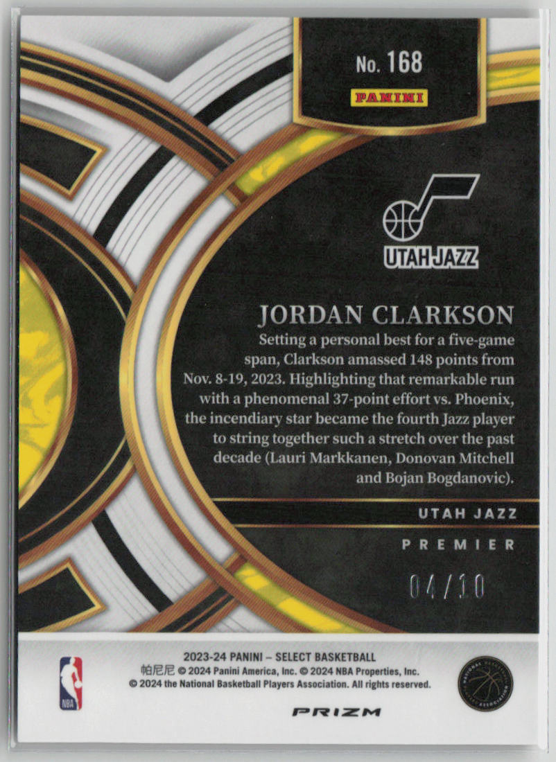 2023-24 Panini Select Prizm Premier Jordan Clarkson Gold Raywave 04/10 #168 Basketball Trading Card - Collectible NBA Memorabilia for Fans & Card Enthusiasts