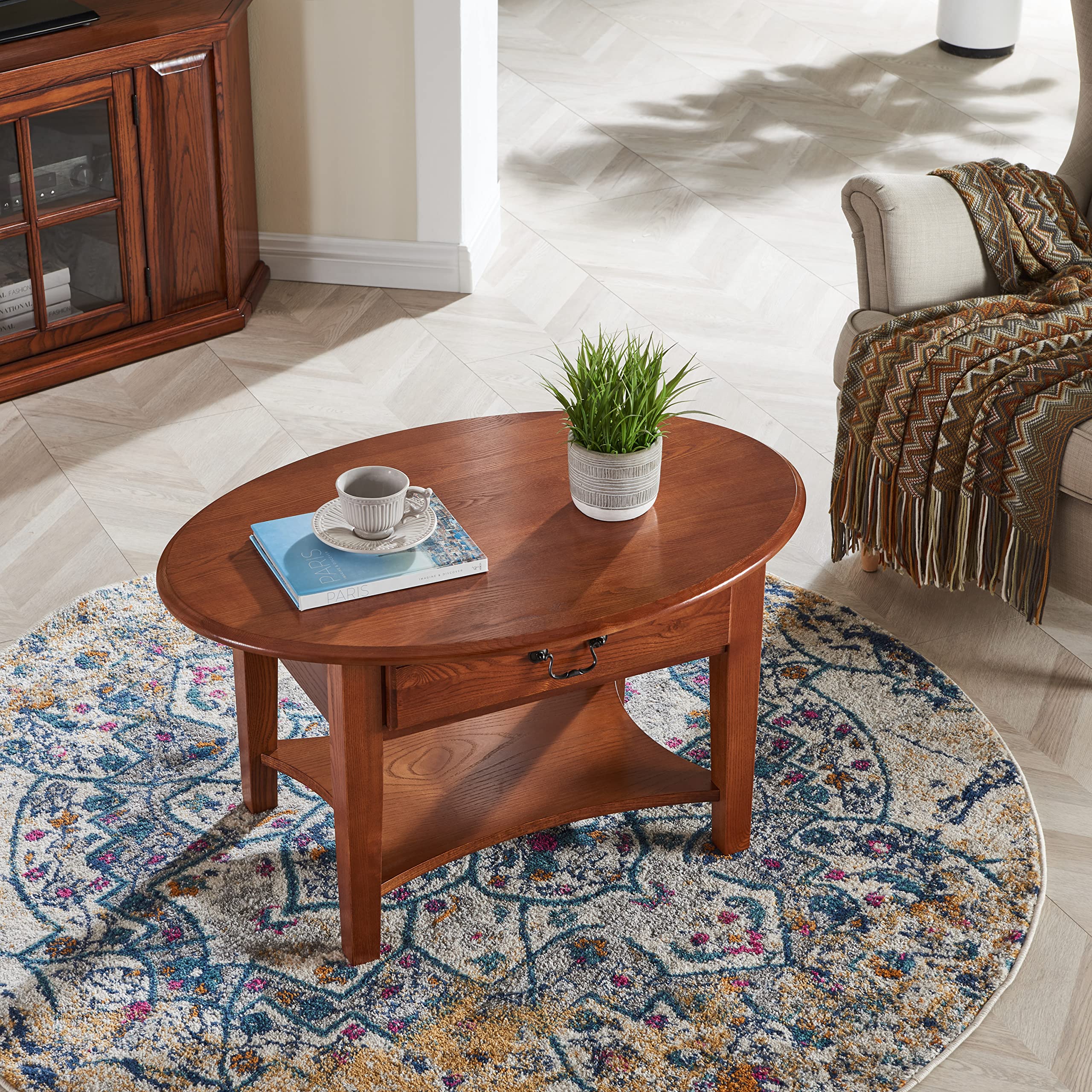 Haven Ridge Solid Wood Oval Coffee Table with Shelf - One Drawer, Medium Oak Brown by Leick Home - Perfect for Living Room, Lounge & Small Spaces - 9044-MED