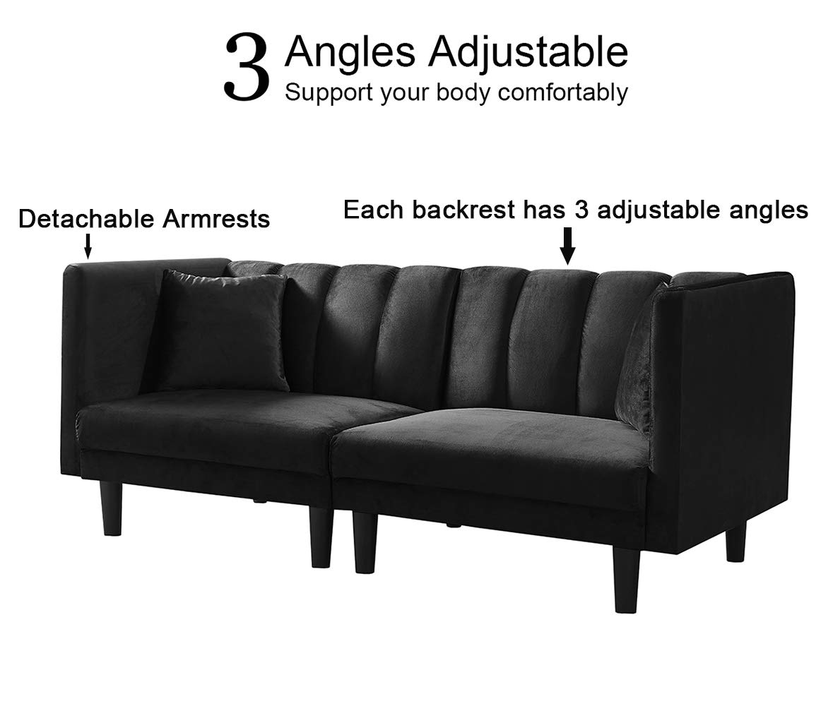 SLEERWAY Velvet Futon Sofa Bed with 2 Pillows - 3-Position Adjustable Modern Sleeper Sofa - Convertible Small Loveseat for Living Room, Apartment, Dorm - Soft Black Velvet Fabric - Perfect for Guest Bed, Lounge & Small Spaces