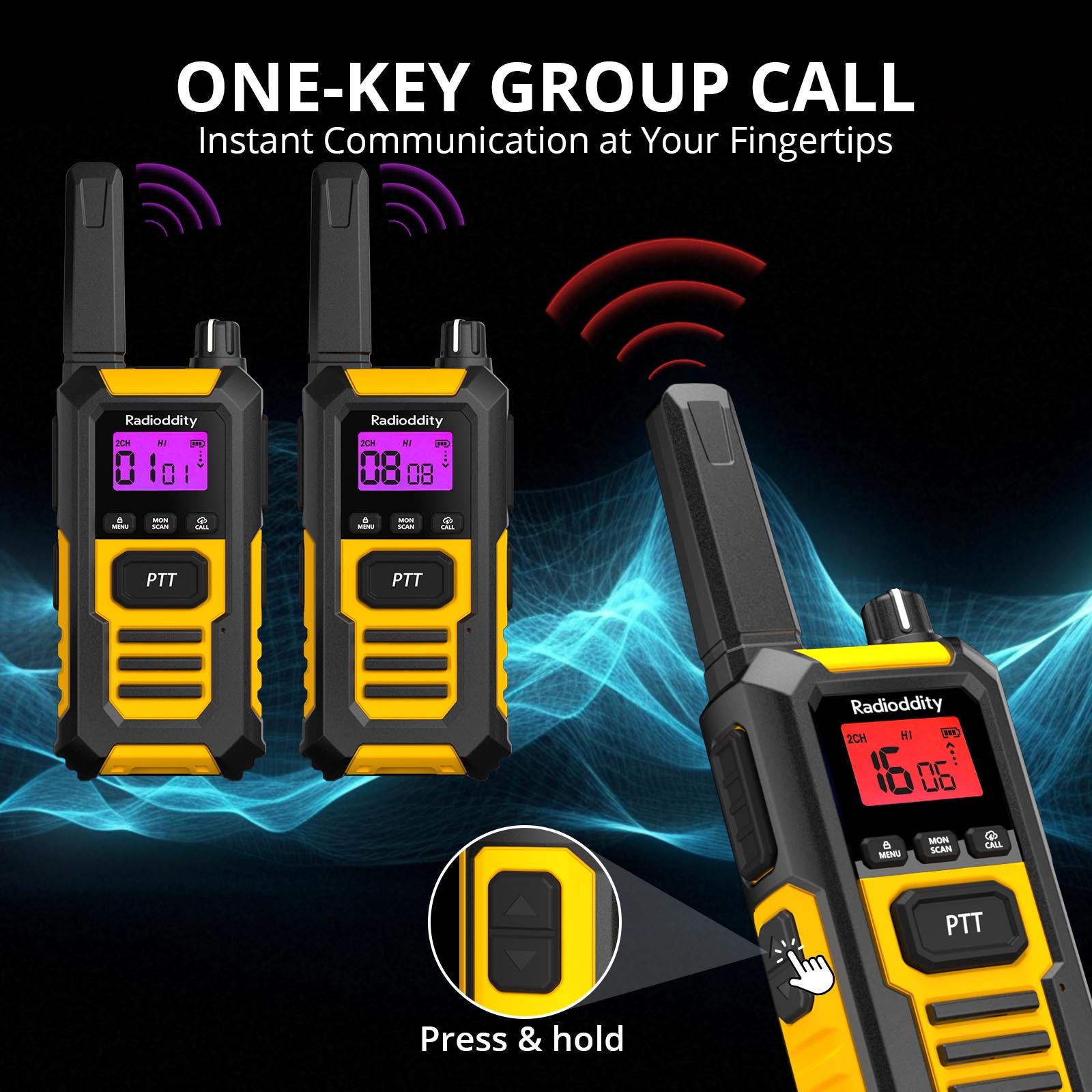 Radioddity HD1 Heavy Duty Walkie Talkie - IP67 Waterproof FRS/PMR Two-Way Radio with Group Call, Vibrate Alert, SOS & Dual PTT | 2400mAh USB-C Rechargeable Battery | Ideal for Construction, Hiking, Camping & Emergency Communication