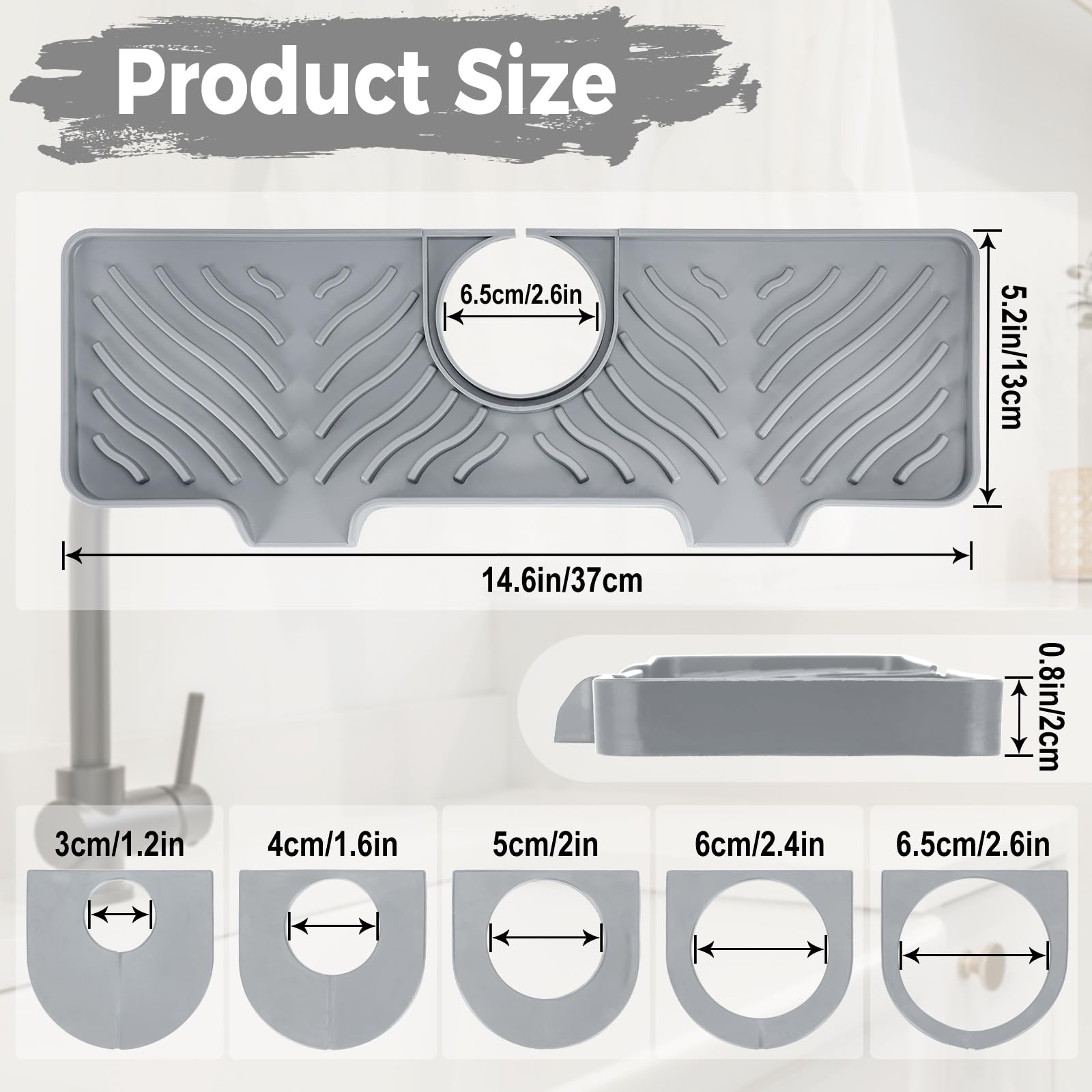 **Non-Slip Silicone Faucet Splash Guard - 15 Inch Kitchen Sink Protector with 5 Adjustable Rubber Rings, Light Gray Sink Mat for Water Splash Prevention - Perfect for Kitchen & Bathroom Sinks (Ideal for Washing Dishes, Brushing Teeth & Handwashing)**