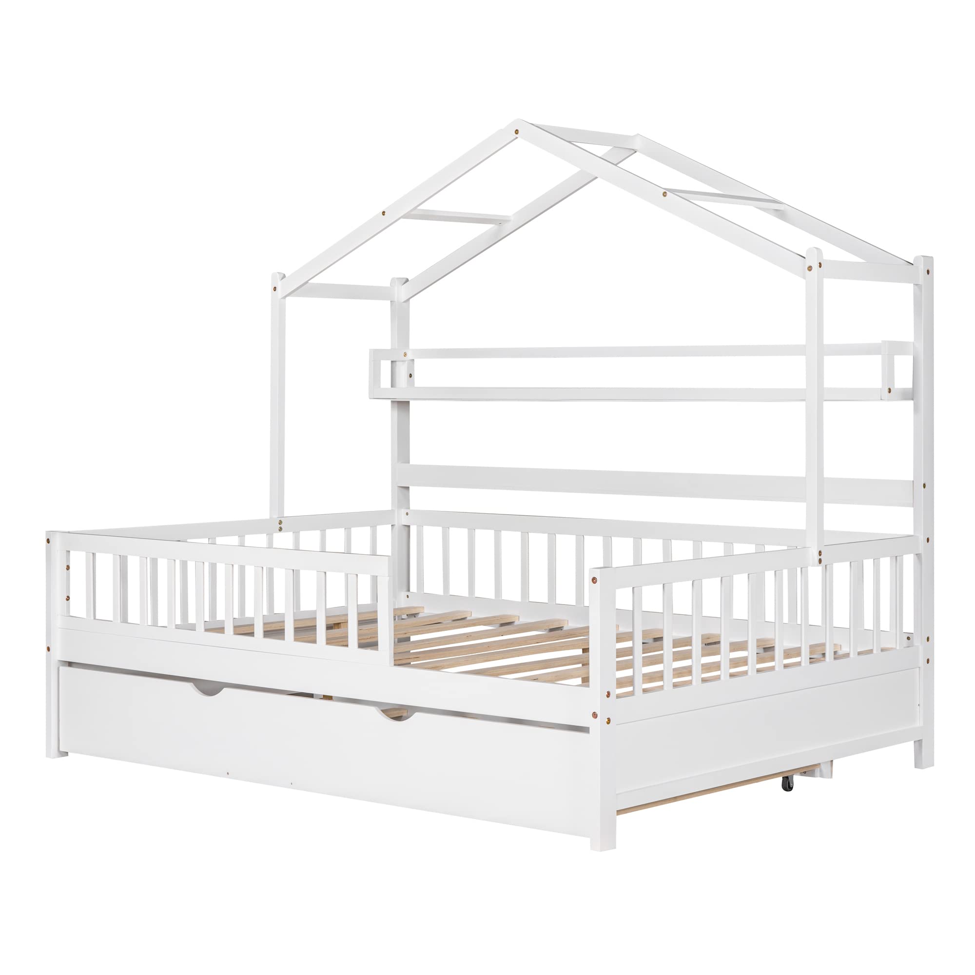 Wooden House Bed with Trundle - Kids Twin/Full Size Bed Frame with Built-in Shelf, Full-Length Safety Guardrail & Roof Design - No Box Spring Needed - White - Perfect for Bedroom, Playroom & Nursery Decor