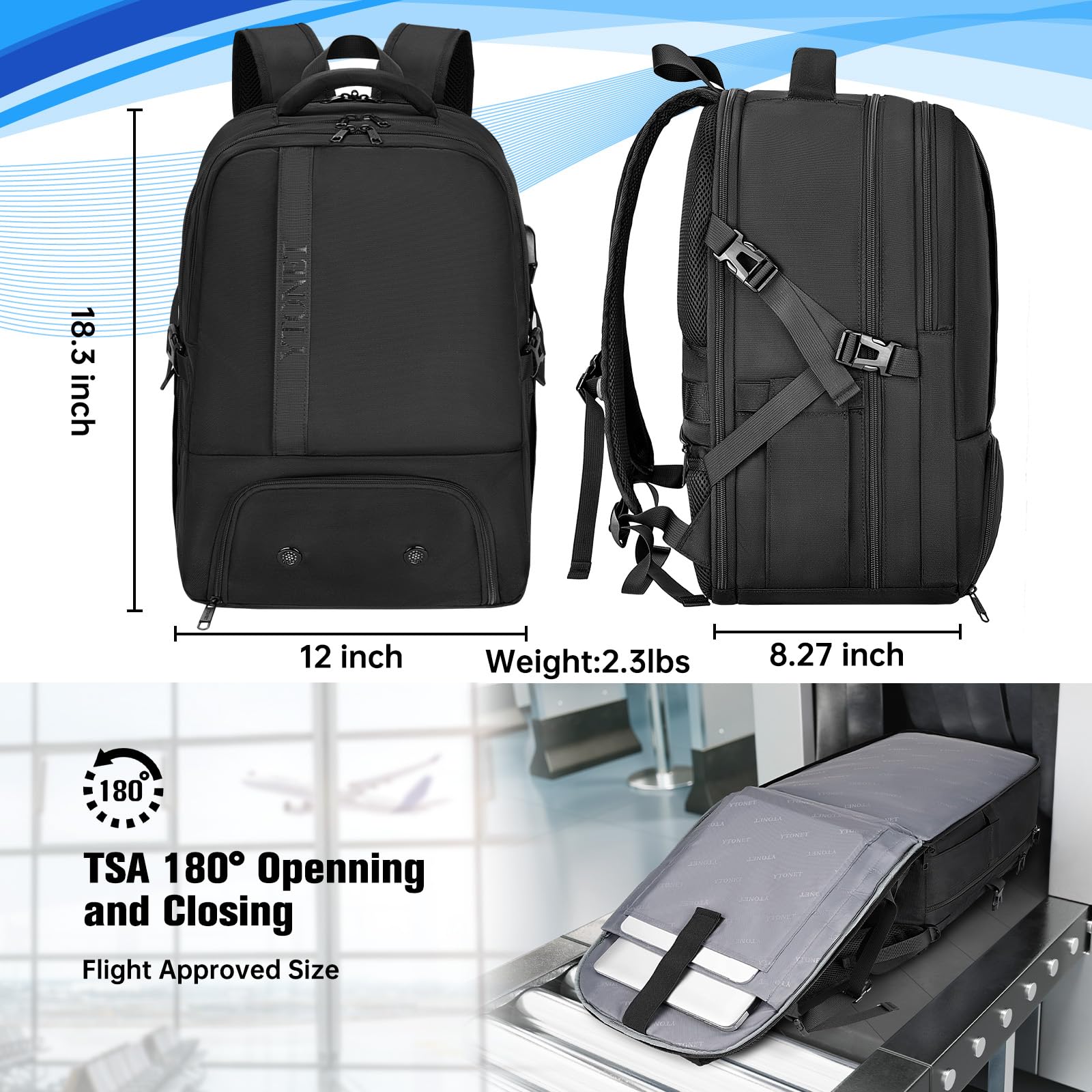 Ytonet Large Gym Backpack for Men & Women - 17.3 Inch Laptop Travel Backpack, TSA Approved Carry On Bag for Workout, Sports, Business Travel & Daily Commute - Durable Black Sports Backpack for Gym, Office & Airplane Use
