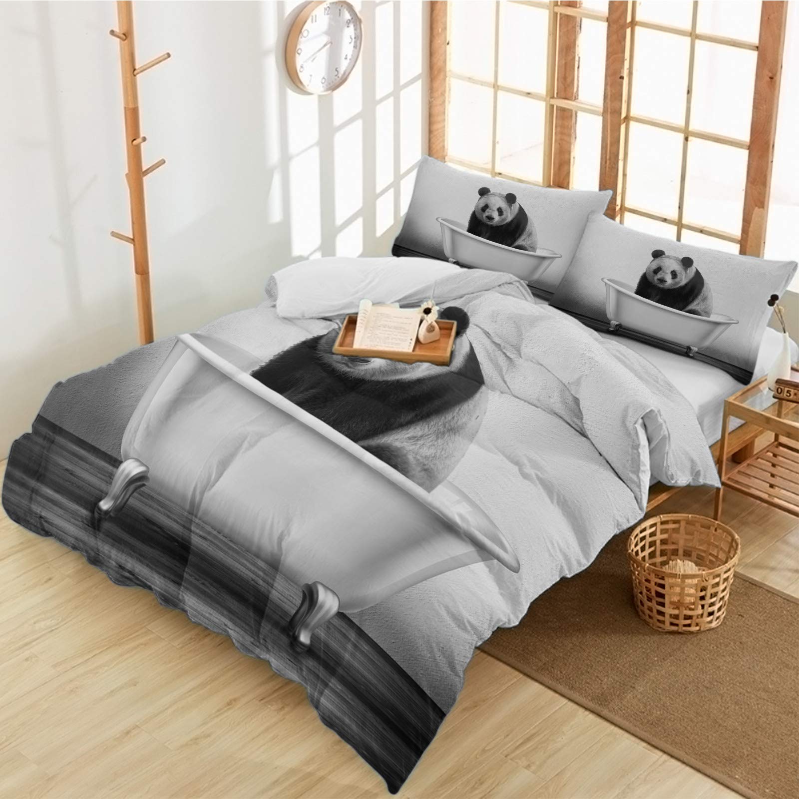 3-Piece Panda in Bathtub Duvet Cover Set - Full Size Black & Grey Animal Sketch Bedding with Pillow Shams | All-Season Comfort for Kids, Teens & Adults Bedrooms | Soft Quilt Cover for Cozy Nights & Home Decor