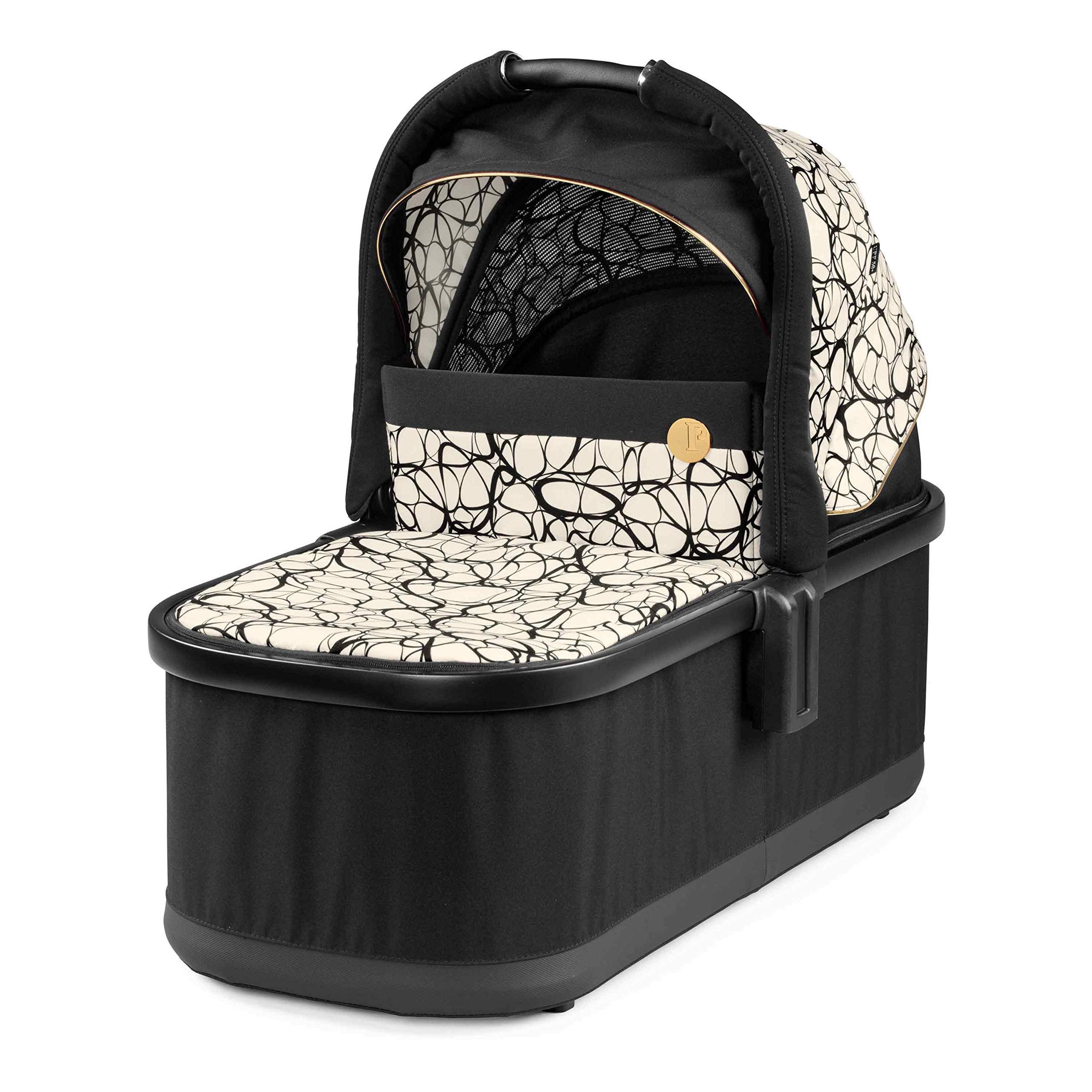 Peg Perego Bassinet with Home Stand for Ypsi, Veloce, Vivace Strollers - Black & Gold Graphic Design | Safe & Comfortable Baby Sleeper for Nursery, Bedroom, Travel