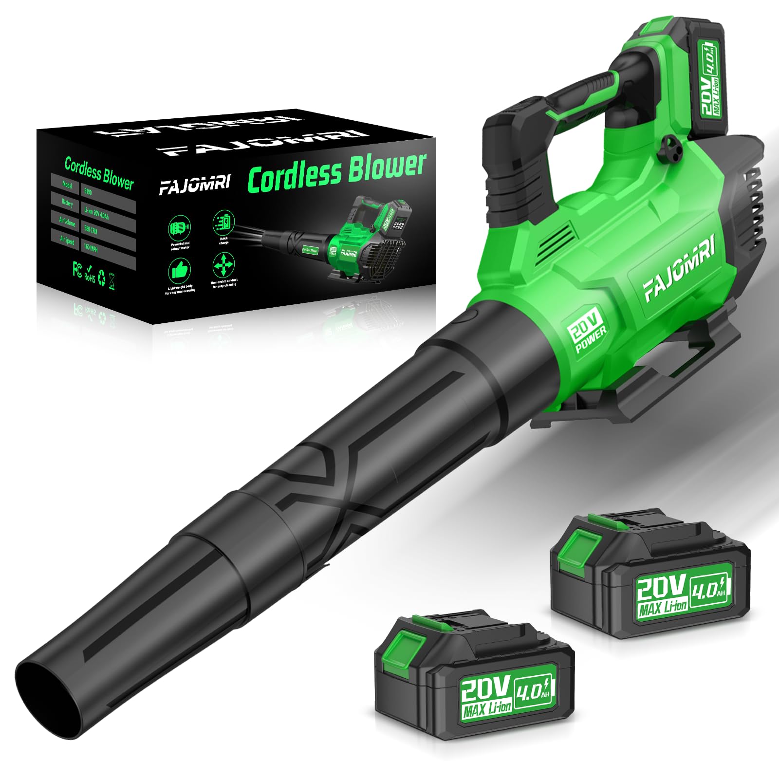 **Powerful 580CFM/160MPH Cordless Leaf Blower with 2 x 4.0Ah Batteries & Charger - 3 Speed Modes for Lawn Care, Yard, Garage, and Driveway Cleaning - Lightweight & Efficient for Home and Garden Maintenance**