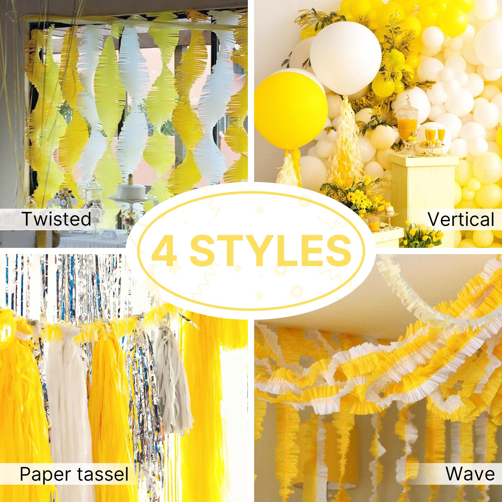 PartyWoo Extra Large Crepe Paper Streamers - 3 Rolls (393ft Total) - Orange & Yellow Crepe Paper for Party Decorations, Baby Showers, Birthday Parties & Wedding Backdrops - 1.8 Inch Wide x 131ft per Roll - DIY Craft Supplies for Ceiling Decor & Photo Booth Backgrounds