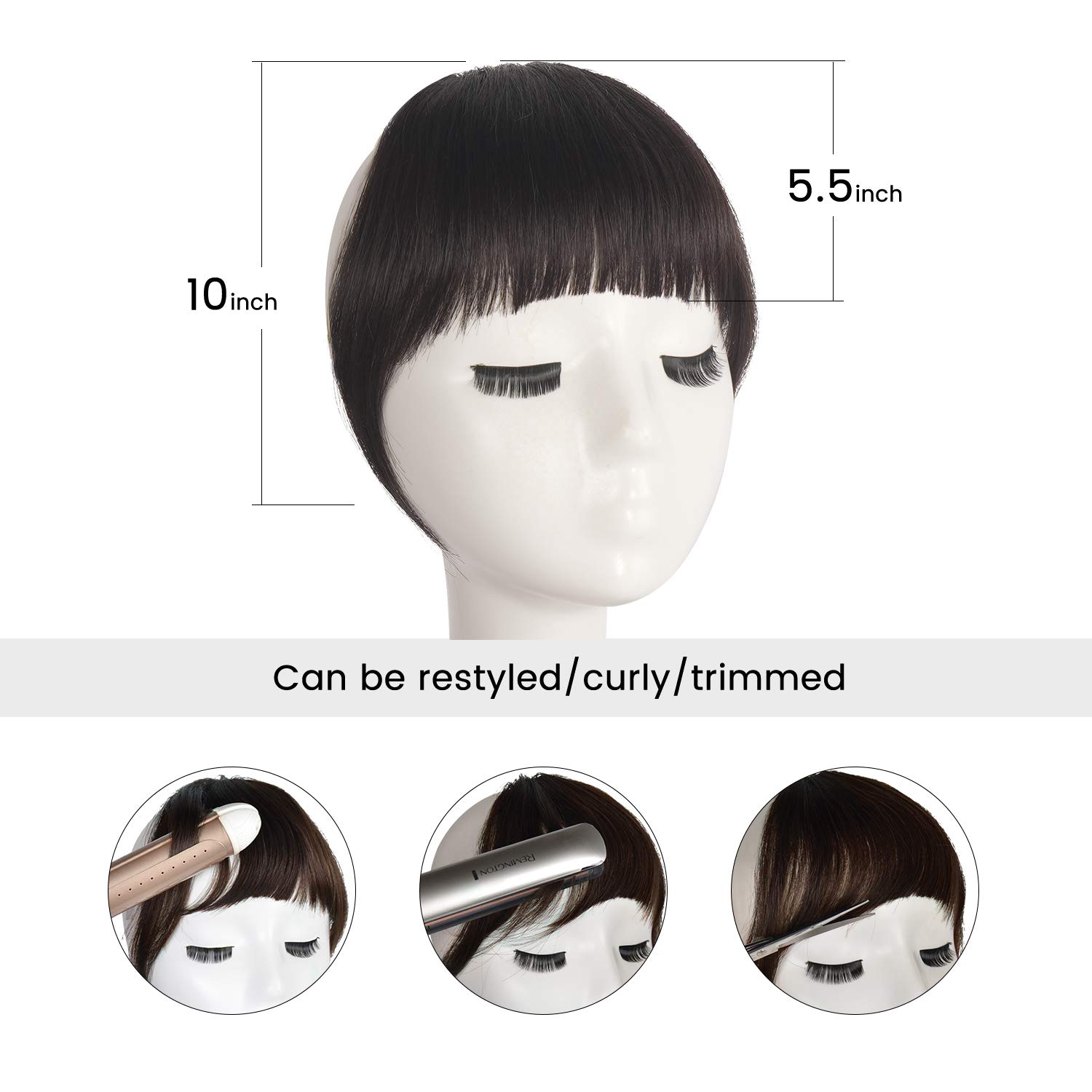 FESHFEN Clip-in Bangs 100% Human Hair Extension | Curved French Fringe | Dark Brown Natural Hairpiece | Flat Neat Bangs with Temples | One Piece Hair Extension for Women & Girls | Perfect for Daily Wear, Cosplay & Hairstyle Transformations
