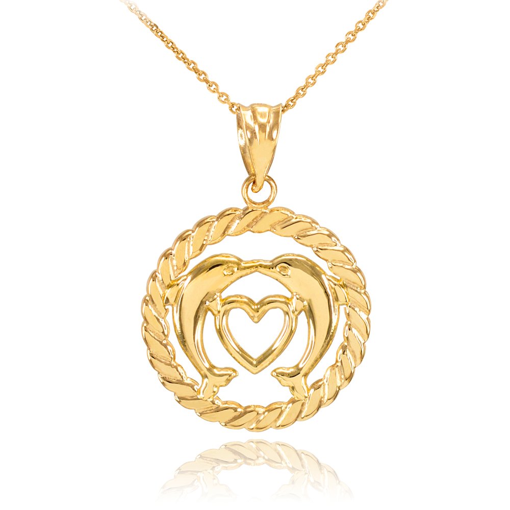 14K Yellow Gold Roped Circle Open Heart with Kissing Dolphin Pendant Necklace for Women - Elegant Jewelry Gift for Valentine's Day, Anniversary & Special Occasions