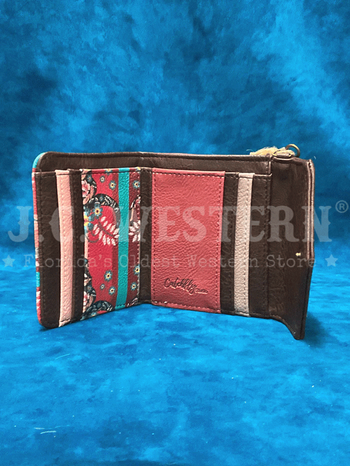Women's Steer Head Print Mini Wallet - Turquoise & Coral Cowhide Leather Clutch for Everyday Use, Travel & Parties