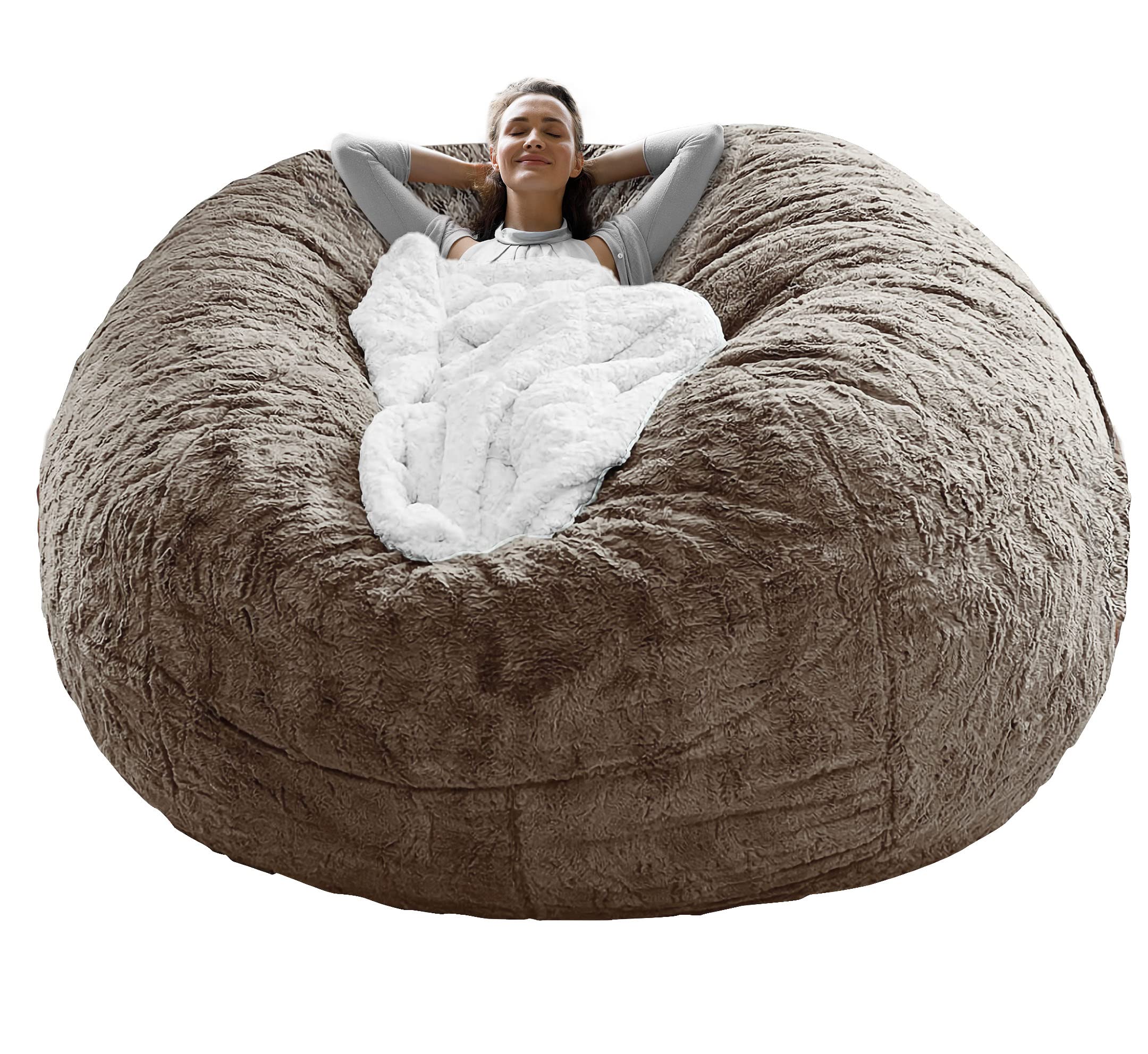 RAINBEAN Bean Bag Chair Cover Only (Not Full Bean Bag) - Big Round Soft Fluffy PV Velvet Sofa Bed Slipcover - 7ft Brown Living Room Furniture for Cozy Lounge, Gaming Chair & Dorm Decor