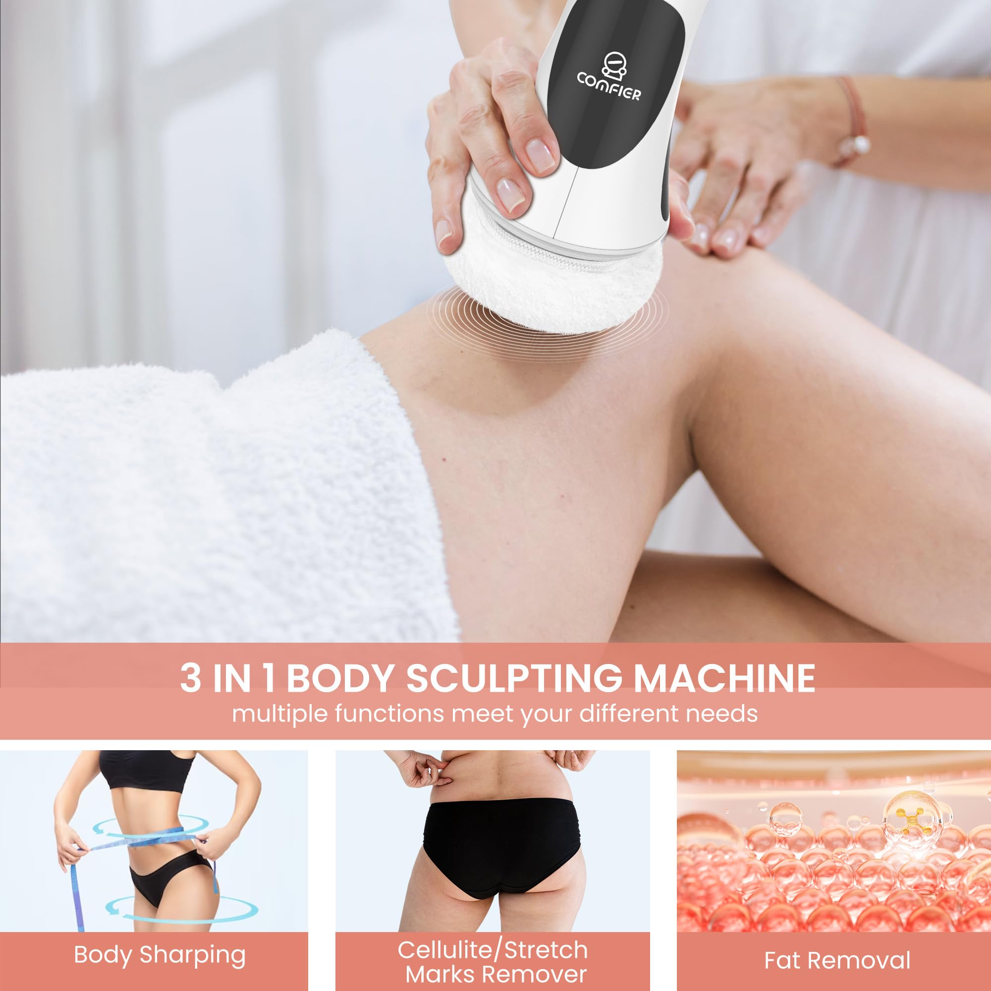 COMFIER Cellulite Massager & Body Shaping Machine - 5 Massage Heads, 6 Washable Pads - Cavitation Fat Removal for Belly, Butt, Arms & Legs - Perfect for Home Spa, Post-Workout Recovery & Body Contouring