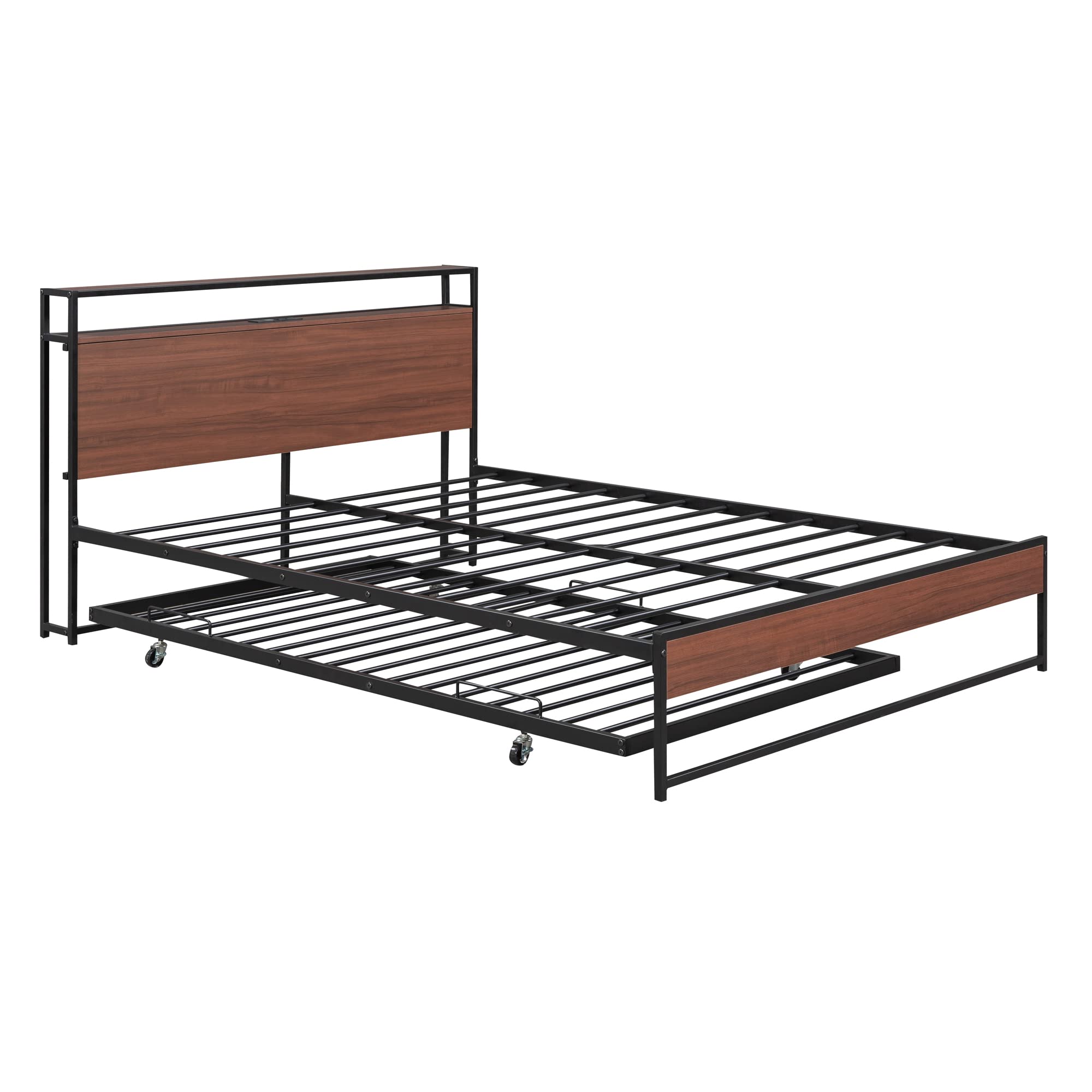 SOFTSEA Queen Size Metal Platform Bed Frame with Trundle & USB Ports - Storage Headboard with Shelf - Black Modern Bed for Bedroom & Guest Room - Perfect for Small Spaces & Overnight Guests