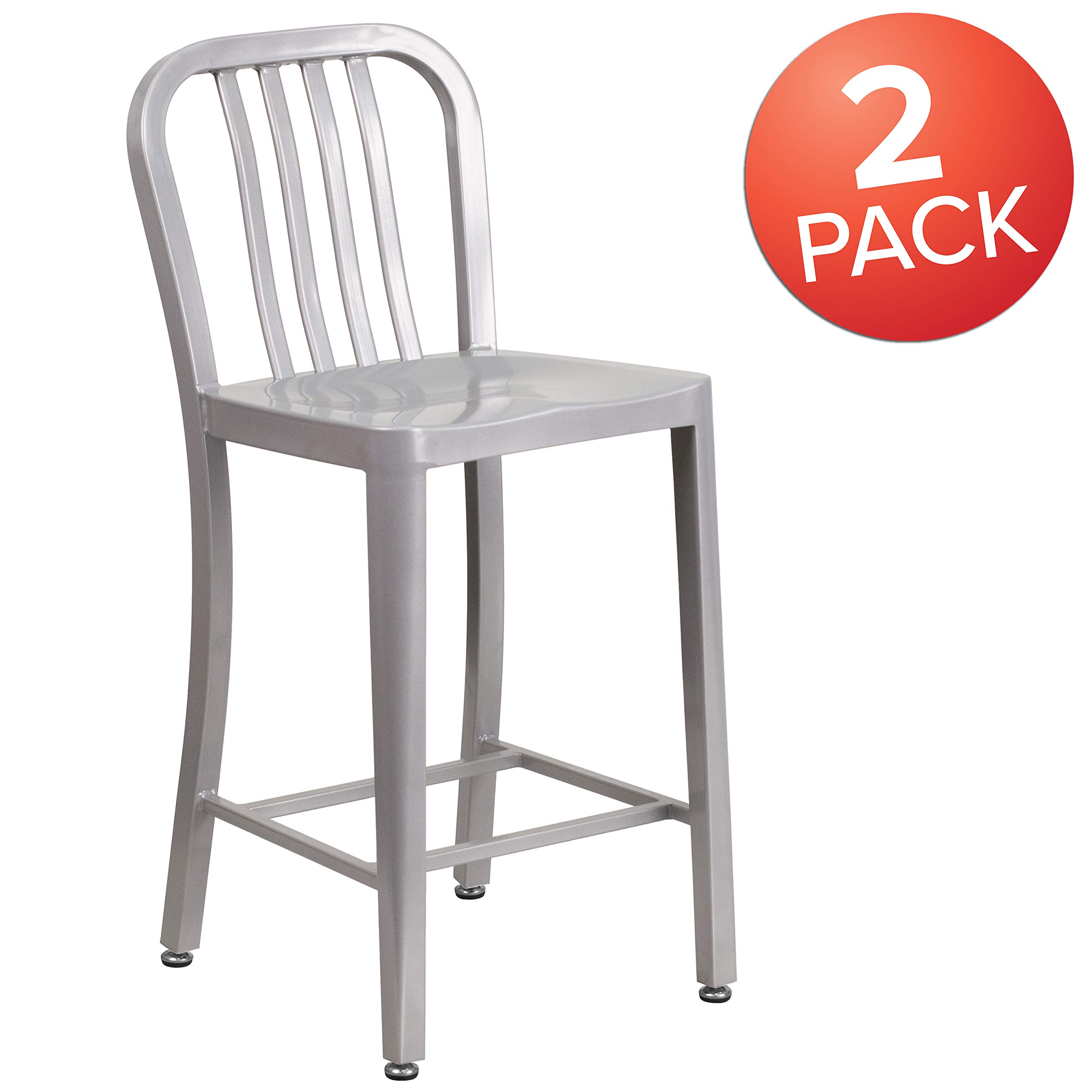 2 Pack 24 Inch Silver Metal Counter Height Bar Stools - Indoor Outdoor Use with Vertical Slat Back - Perfect for Kitchen Island, Breakfast Nook, and Patio Dining