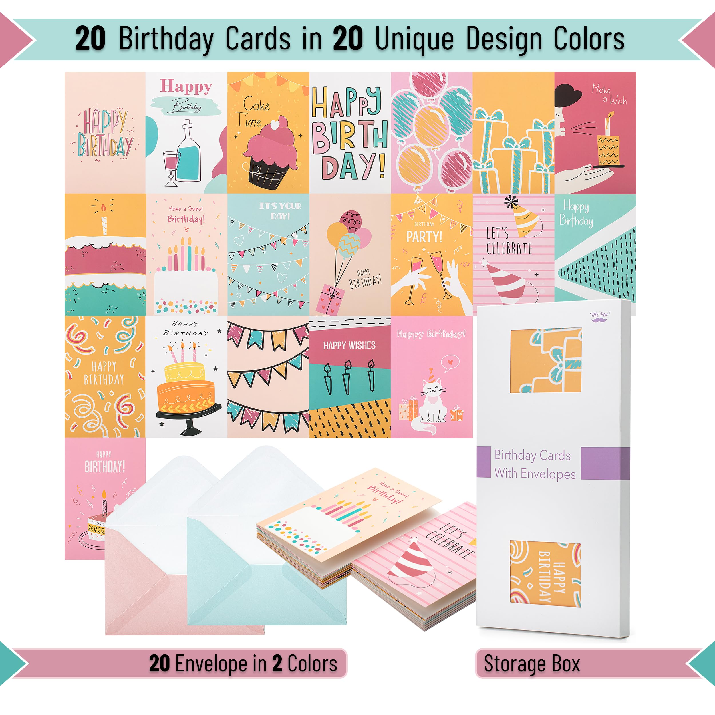 Mr. Pen Assorted Birthday Cards Pack - 20 Greeting Cards with Envelopes, 4x6 Inch Blank Inside Cards for Birthday Wishes, Parties & Special Occasions